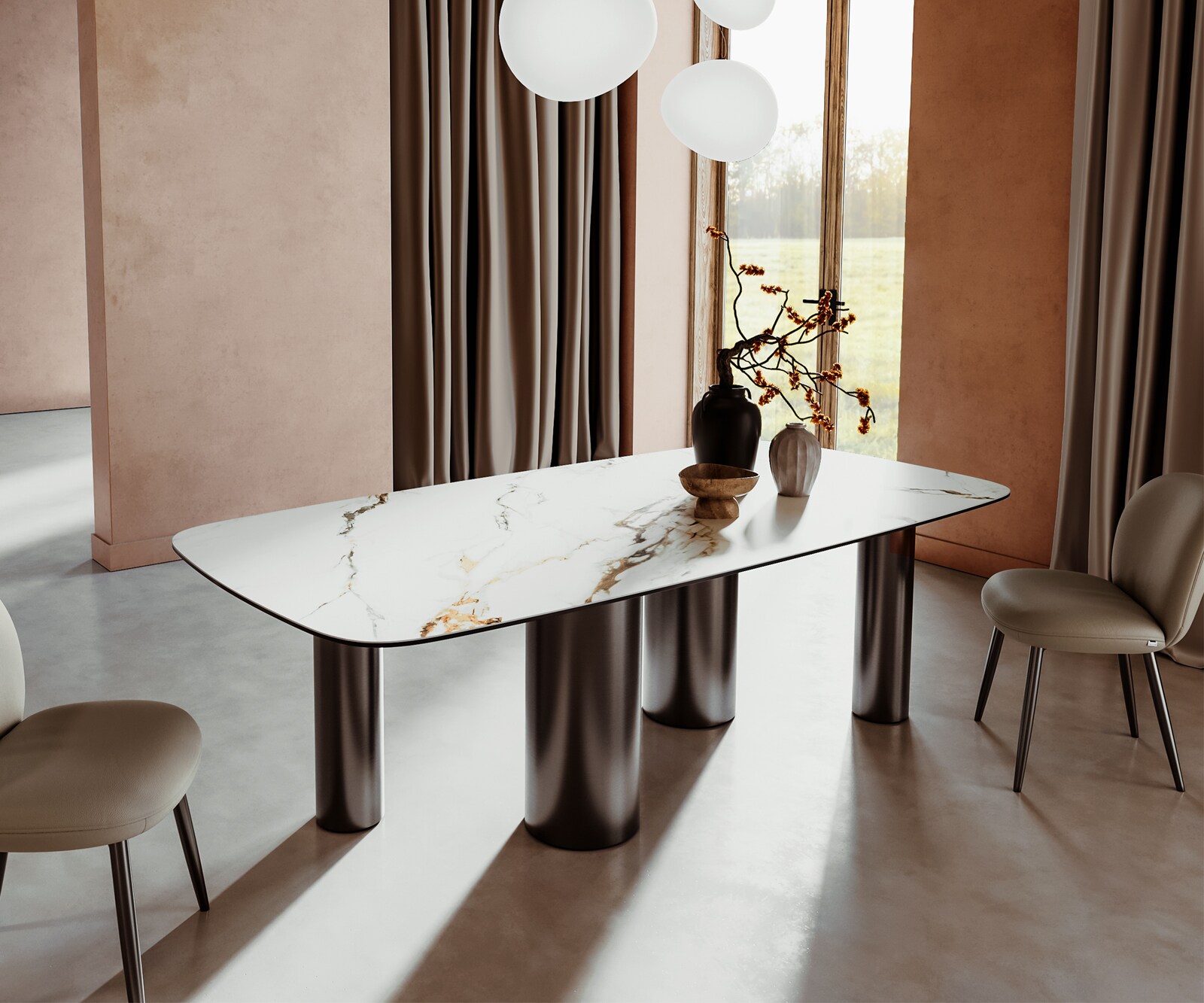 Eetkamertafel Edge Boot 240x120 keramiek Calacatta Luxe wit-Gold-grijs Pilier roestvrij staal grafiet 1