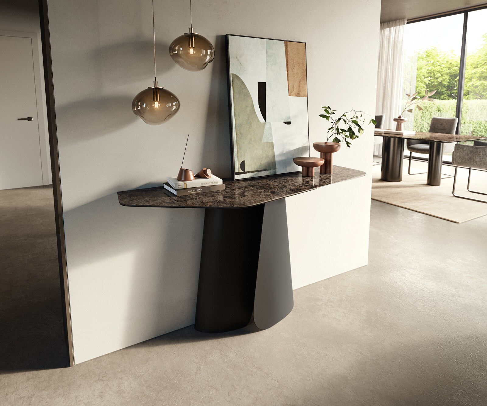 Consoletafel Edge Polygonaal 140x50 cm Keramiek Emperador Extra Lucidato Dunkelbraun Livos Metaal Zwart 3