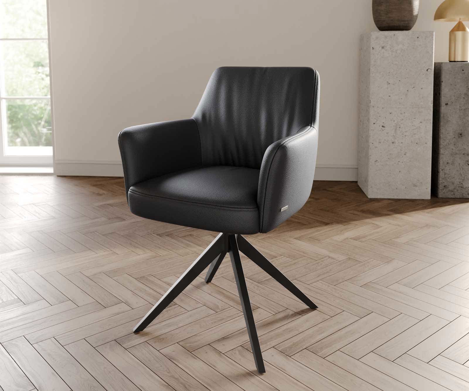 Draaistoel Xana-Flex met armleuning echt leer zwart kruisframe breed zwart 360° draaibaar pocketveer kern