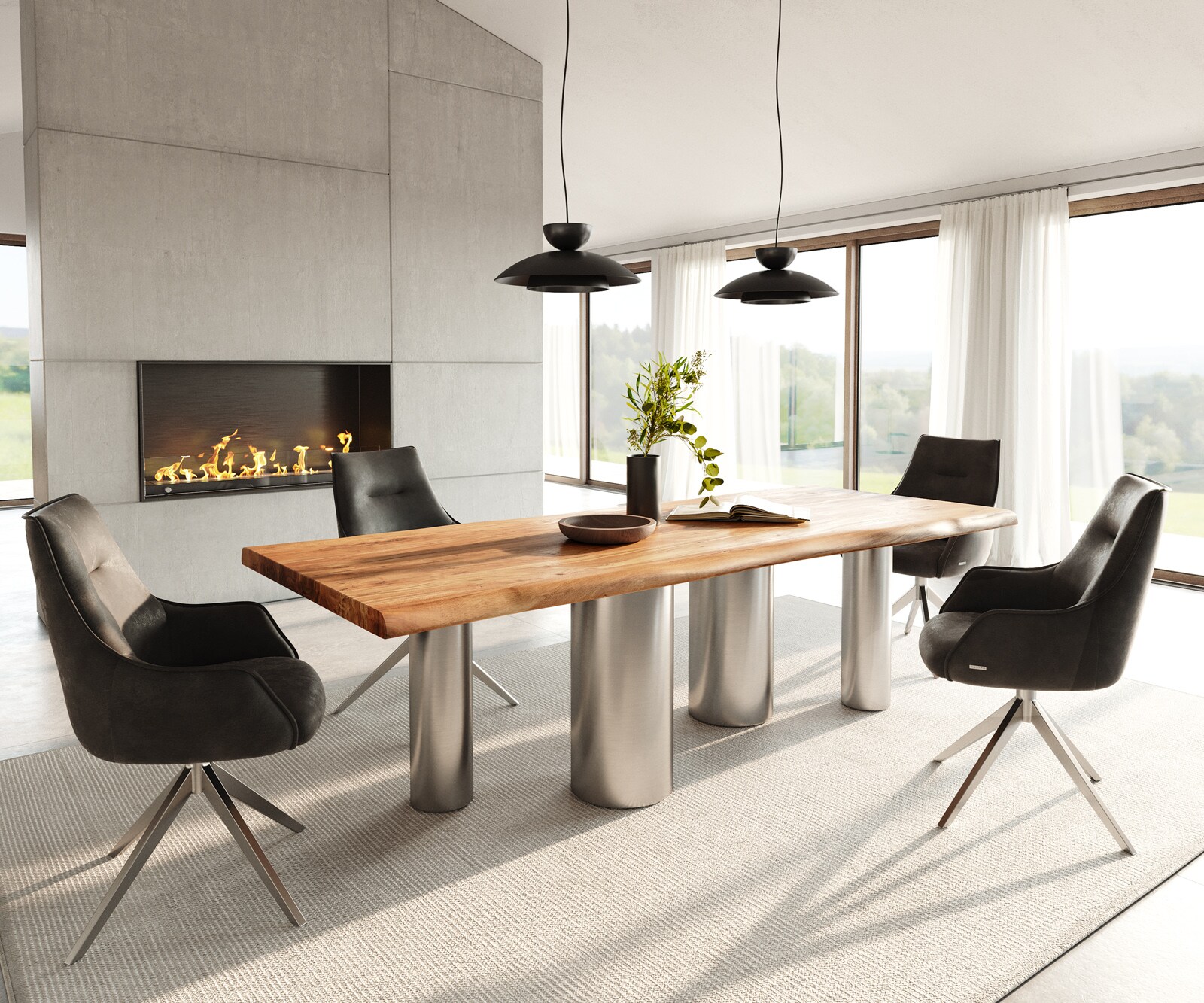 Eetkamertafel Edge 240x100 acacia natuurPilier roestvrij staal geborsteld Live-Edge 4
