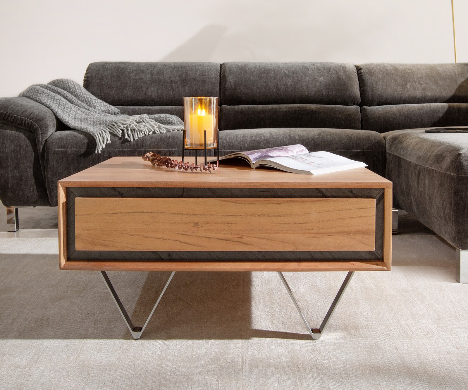 Salontafel Stonegrace 80x60 acacia natuur 2 laden steen fineer V-poot 1