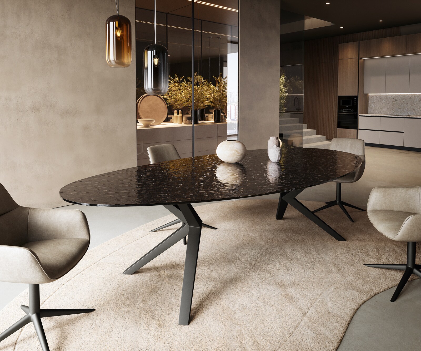 Eetkamertafel Edge ovaal 280x130 reliëfglas Rauchzwart 3D-Design Zenthara hoekig metaal zwart 1