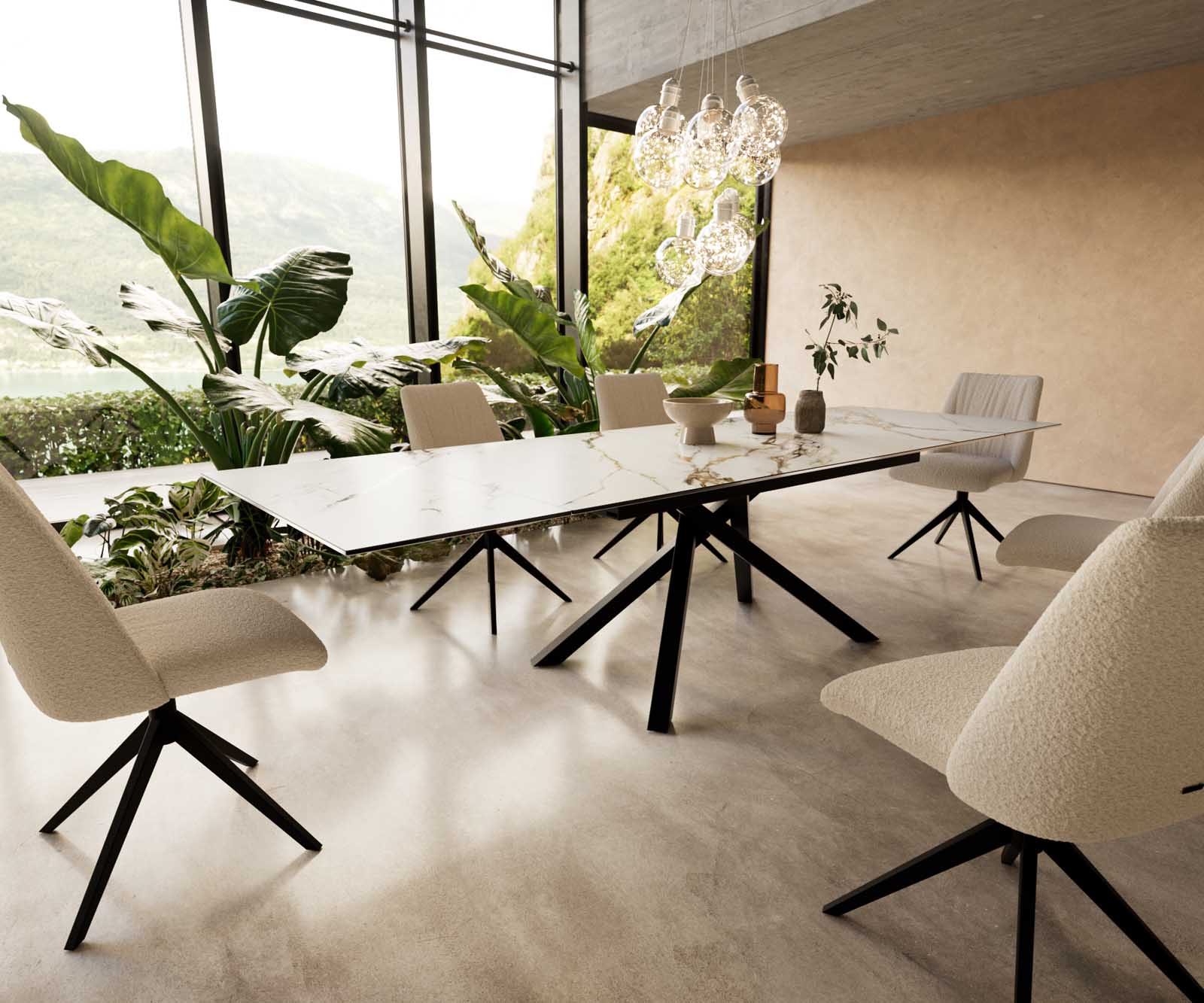 Eetkamertafel Edge 200-300x100 keramiek Calacatta Luxe wit-goud-grijs kruisframe rechthoek zwart uitschuifbaar