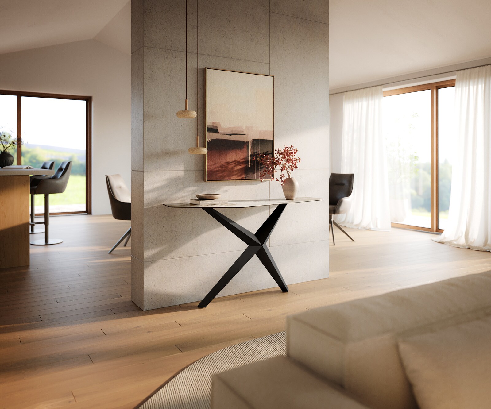 Consoletafel Edge Polygonaal 140x50 cm Keramiek Minas Melange Weiß-Beige Zentharo Metaal Zwart 7