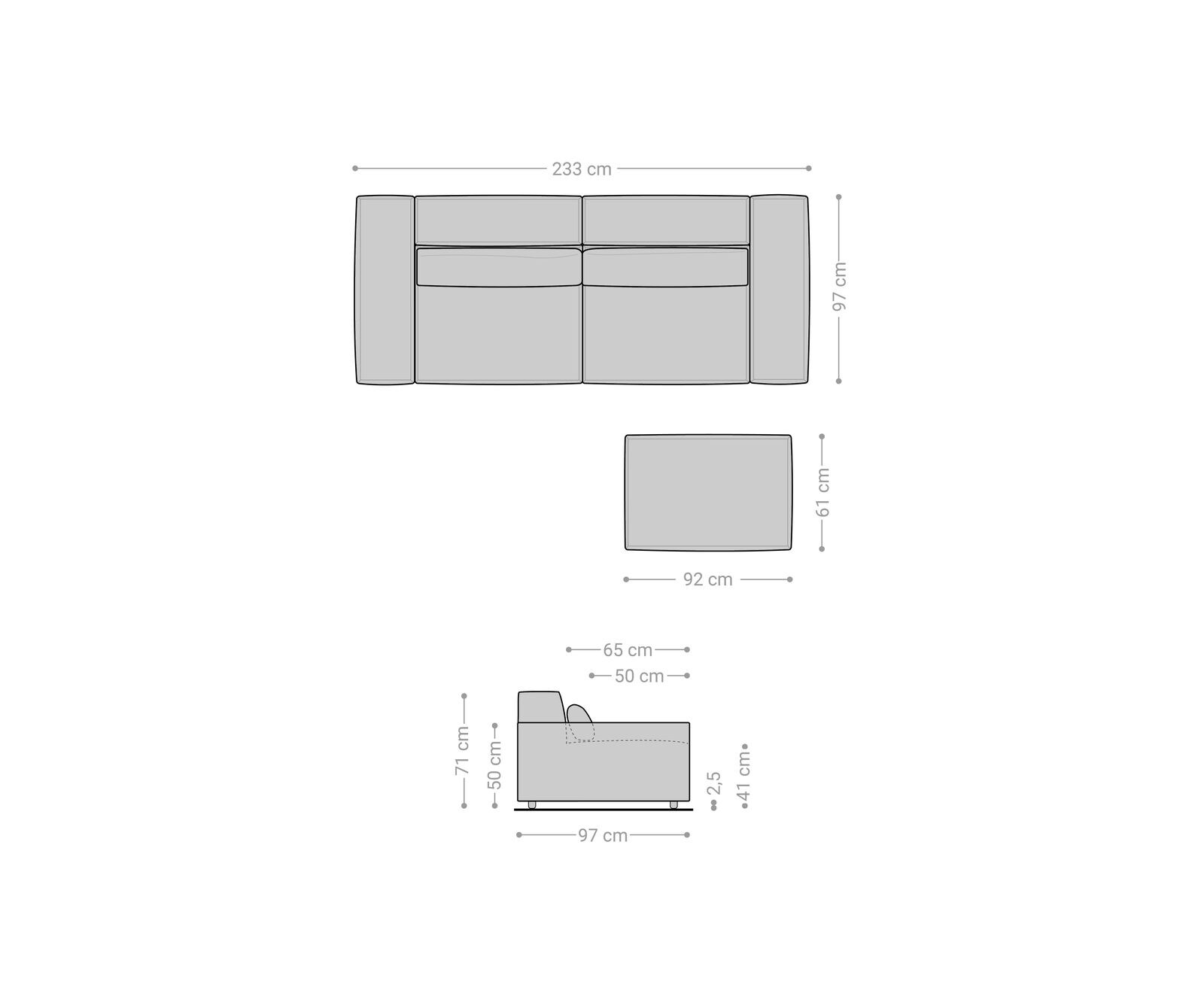 Grote bank Sirpio 230x95 cm microvezel zwart met kruk 6