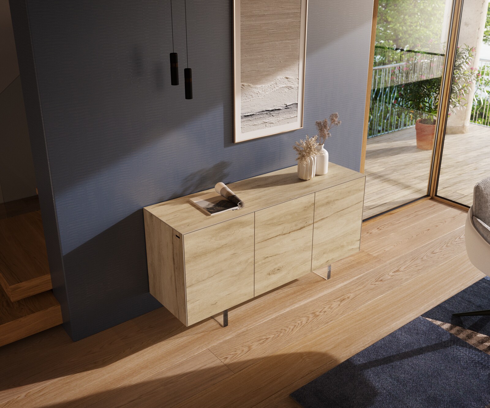 Dressoir Cuor 150 cm Keramiek Laminam® Sabbia Eiken gekleurd 3 Deuren Zwevende voet look Acrylglas 3