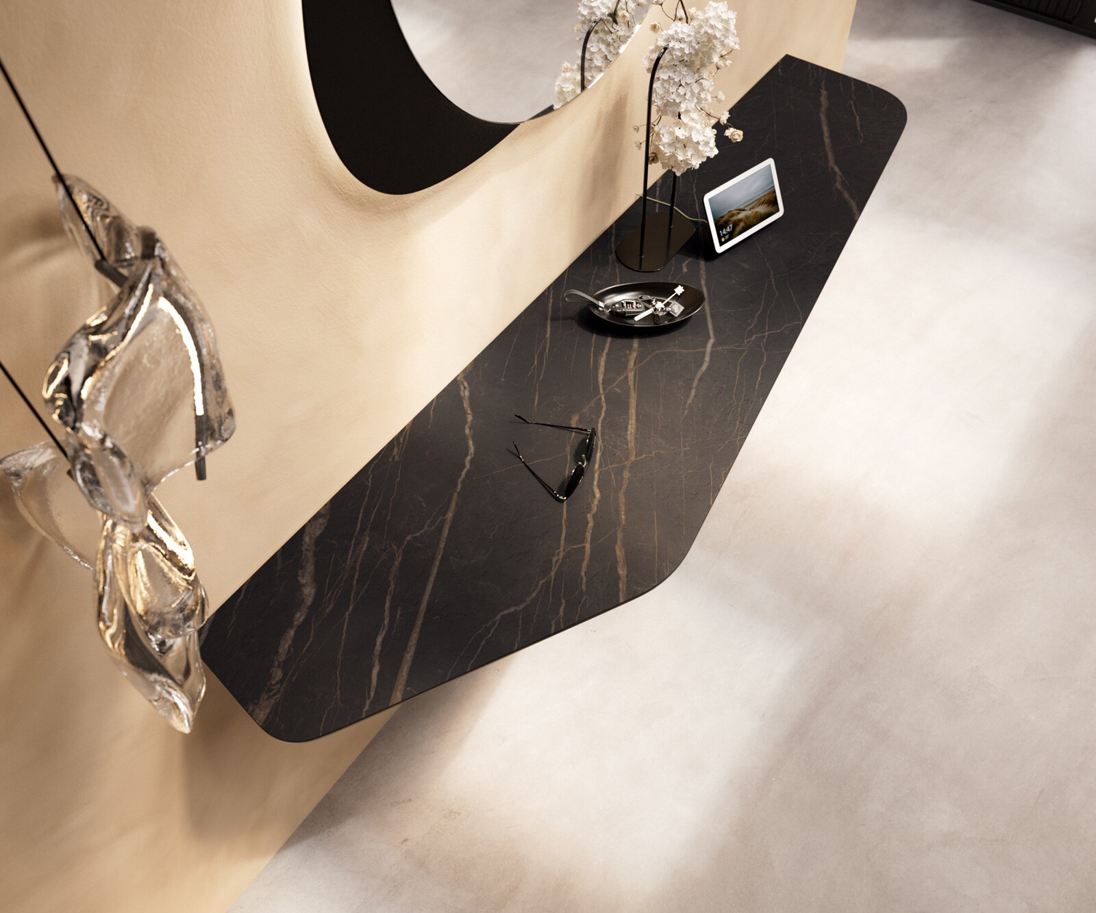 Consoletafel Edge Polygonaal 180x50 cm Keramiek Laminam® Noir Desir Braun Livos Metaal Effektfinish Titan 2