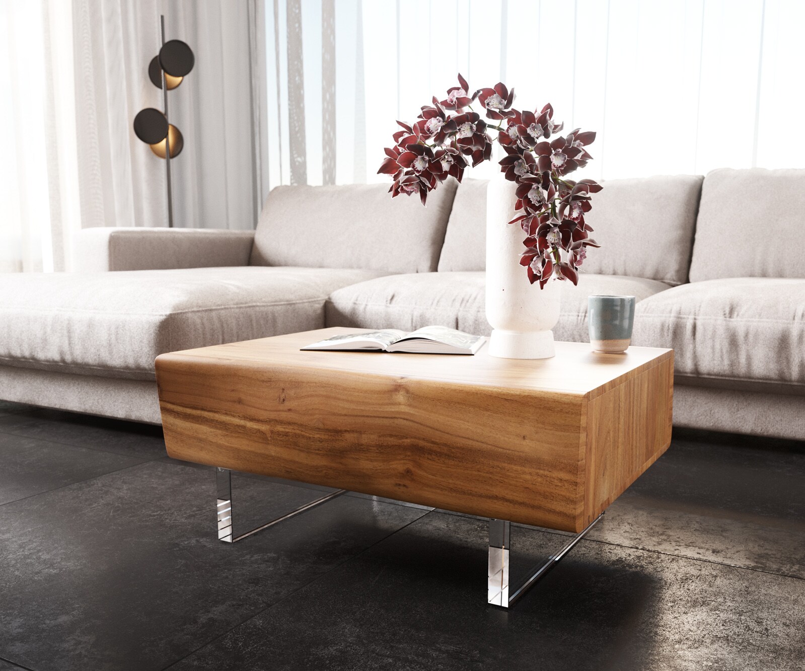 Salontafel New Live-Edge 80x60 cm acacia natuur 2 schuilfladen acrylpootjes  3