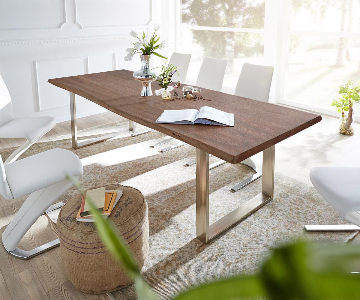 Eettafel Edge 300x100 acacia bruin roestvrijstaal smal Live-Edge
