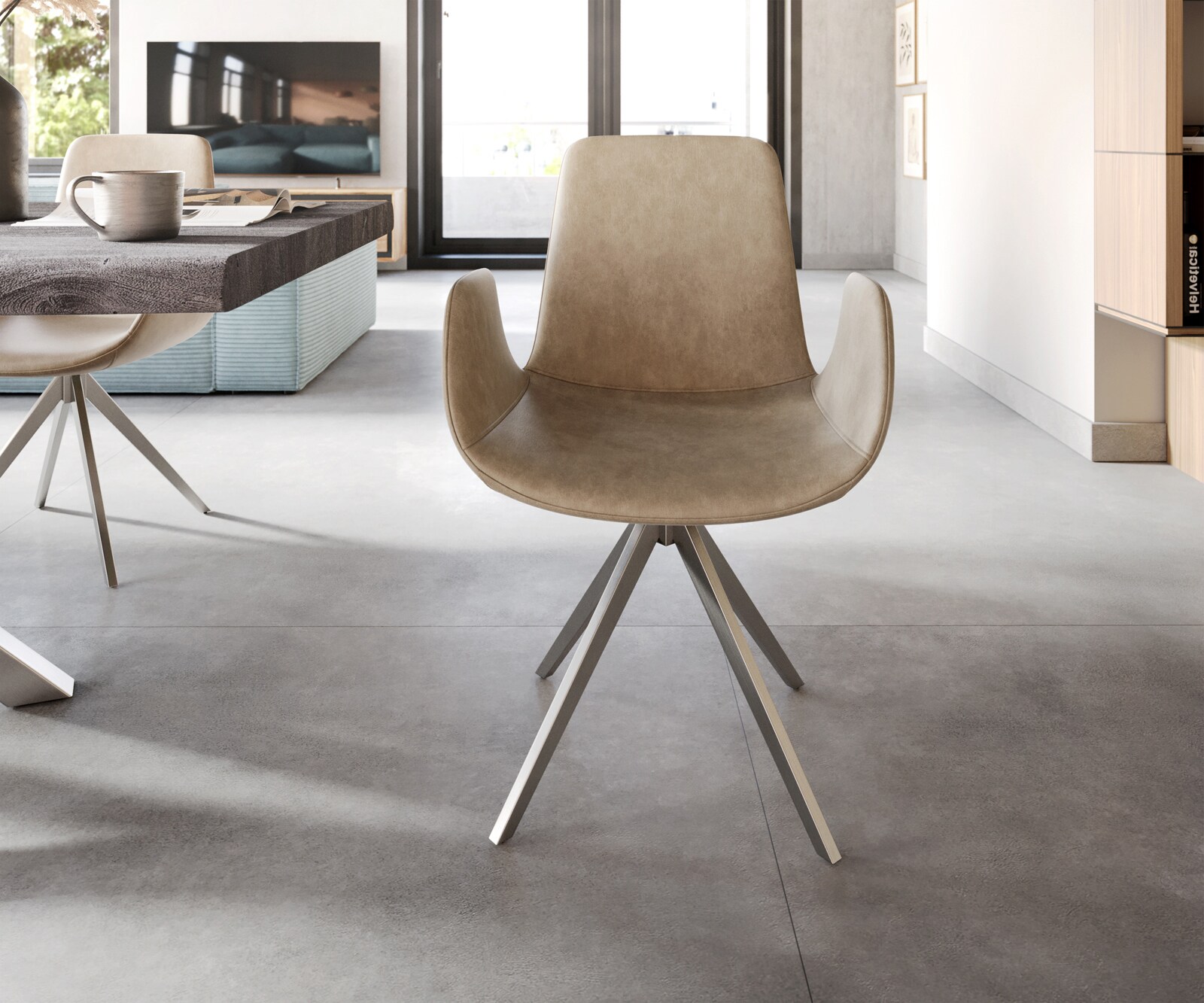 Eetkamerstoel Ilia-Flex met armleuning microvelours beige vintage kruisframe hoekig roestvrij staal 1 Eetkamerstoel Ilia-Flex met armleuning microvelours beige vintage kruisframe hoekig roestvrij staal 1