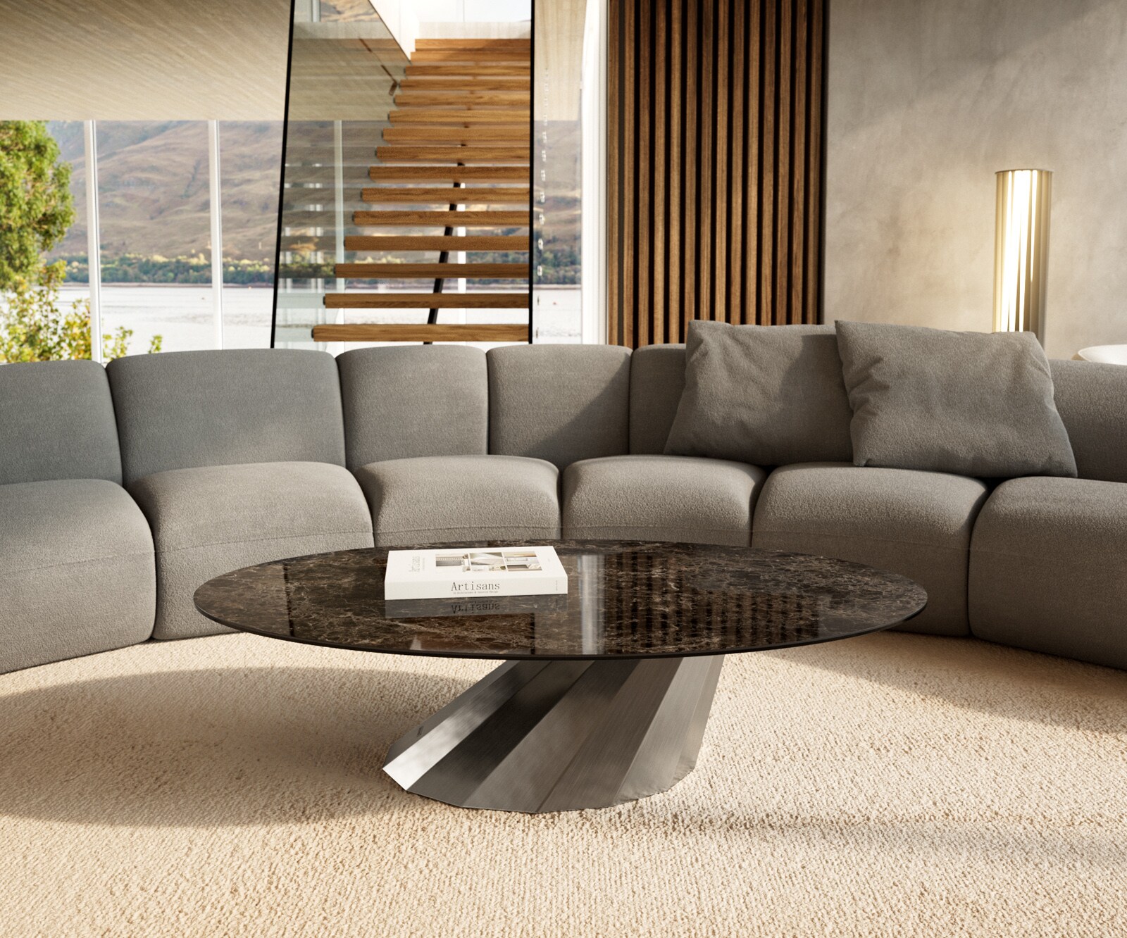 Salontafel Edge Oval 140x80 cm keramiek Laminam® Emperador Extra Lucidato donkerbruin Parabi geborsteld roestvrij staal 2