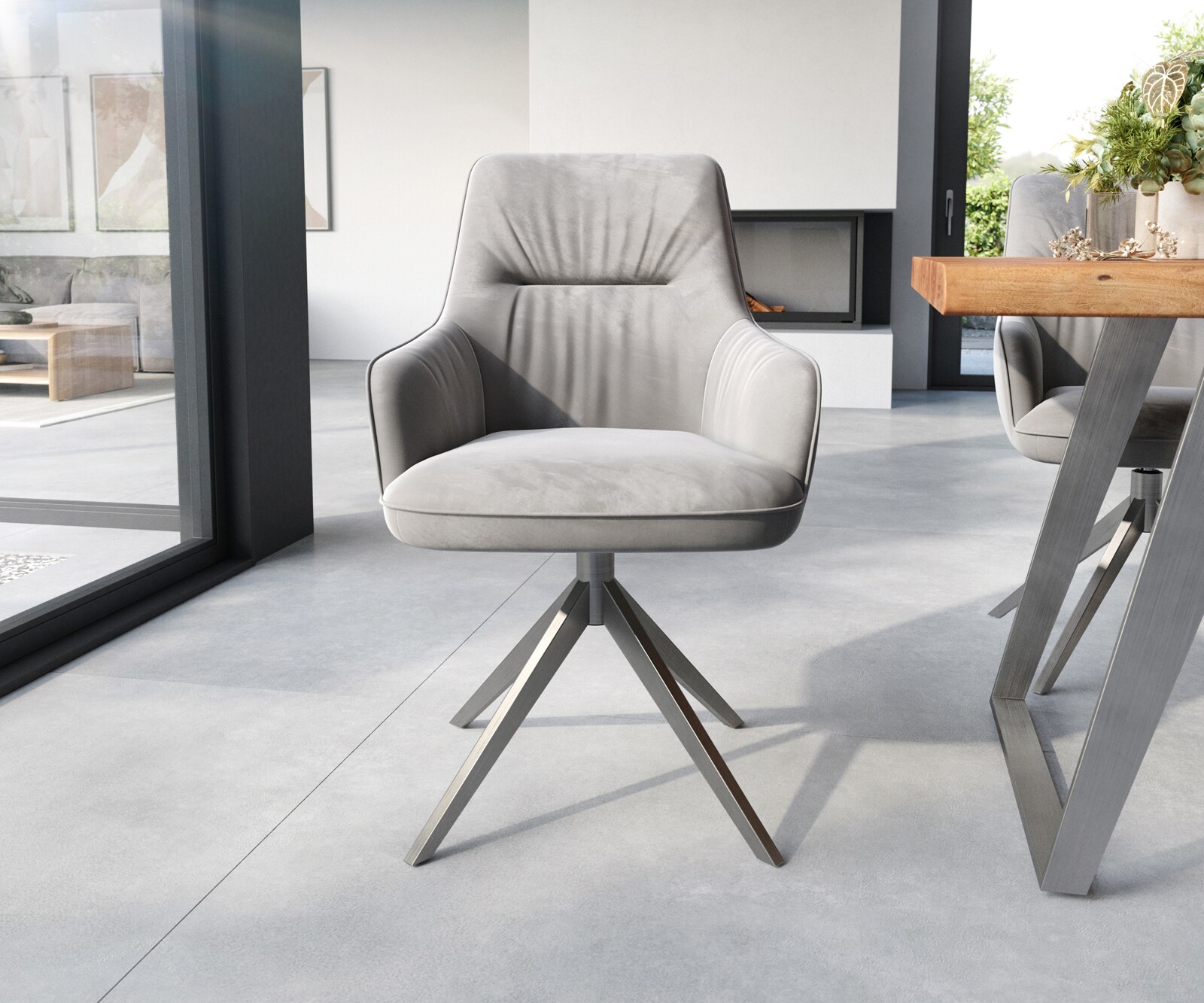 Eetkamerstoel Zelia-Flex met armleuning fluweel grijs kruisframe breed roestvrij staal pocketveer kern 1 Eetkamerstoel Zelia-Flex met armleuning fluweel grijs kruisframe breed roestvrij staal pocketveer kern 1