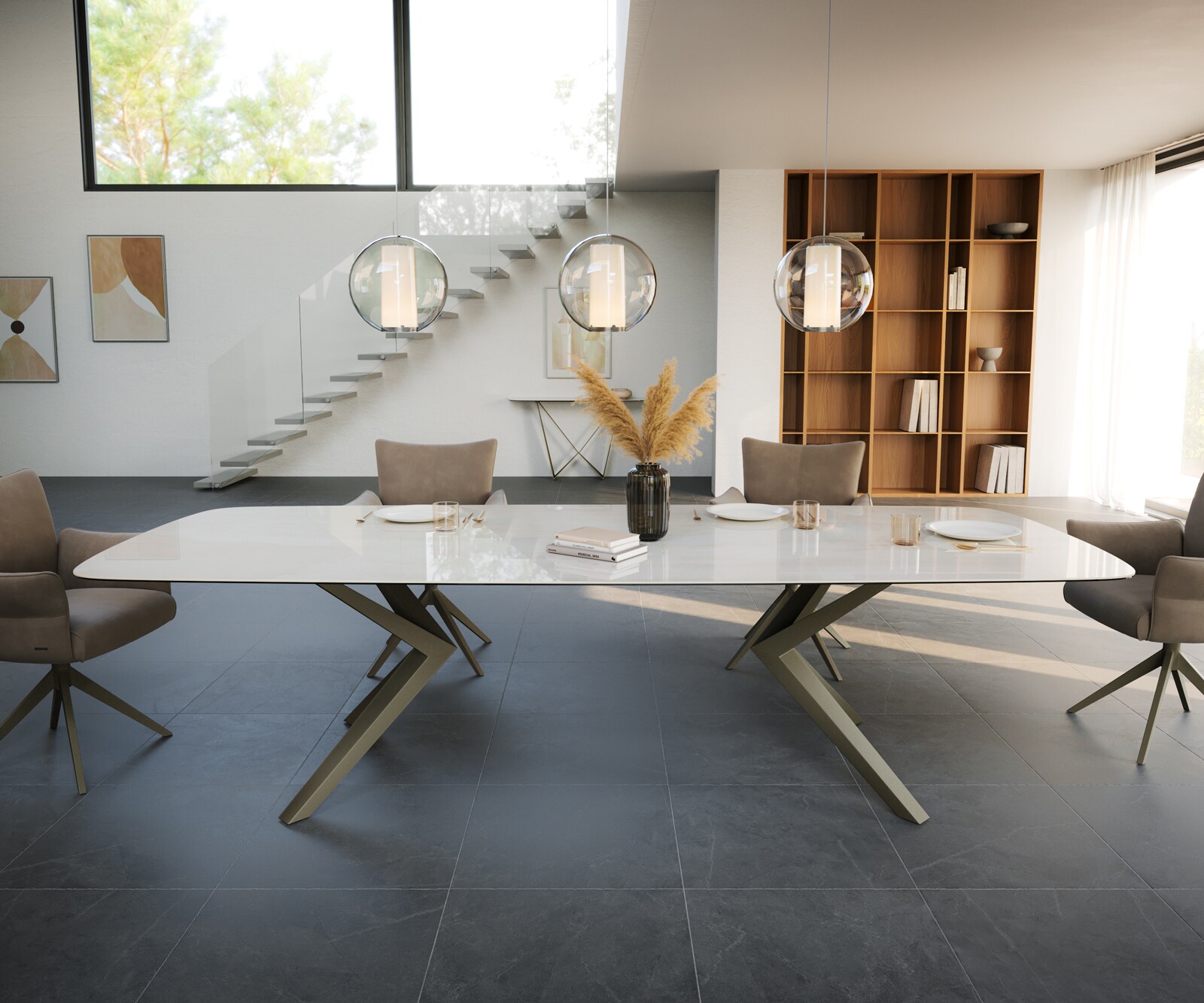 Eettafel Edge Boot 300x120 cm Keramiek Onyx Champagne Zenthara Metaal Effectafwerking Titan 2