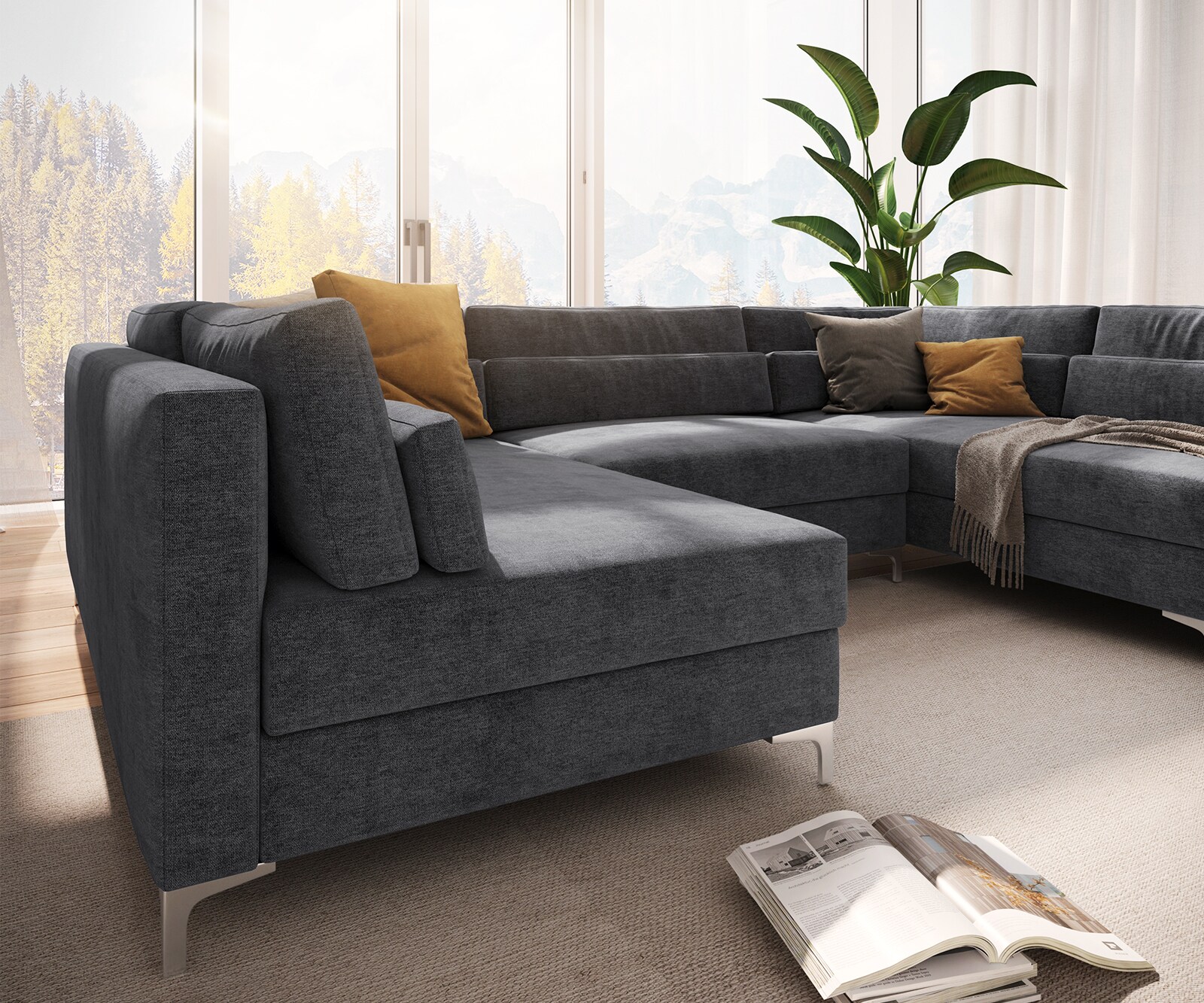 Woonlandschap Elio 300x185 cm microvezel grafiet met poef 6