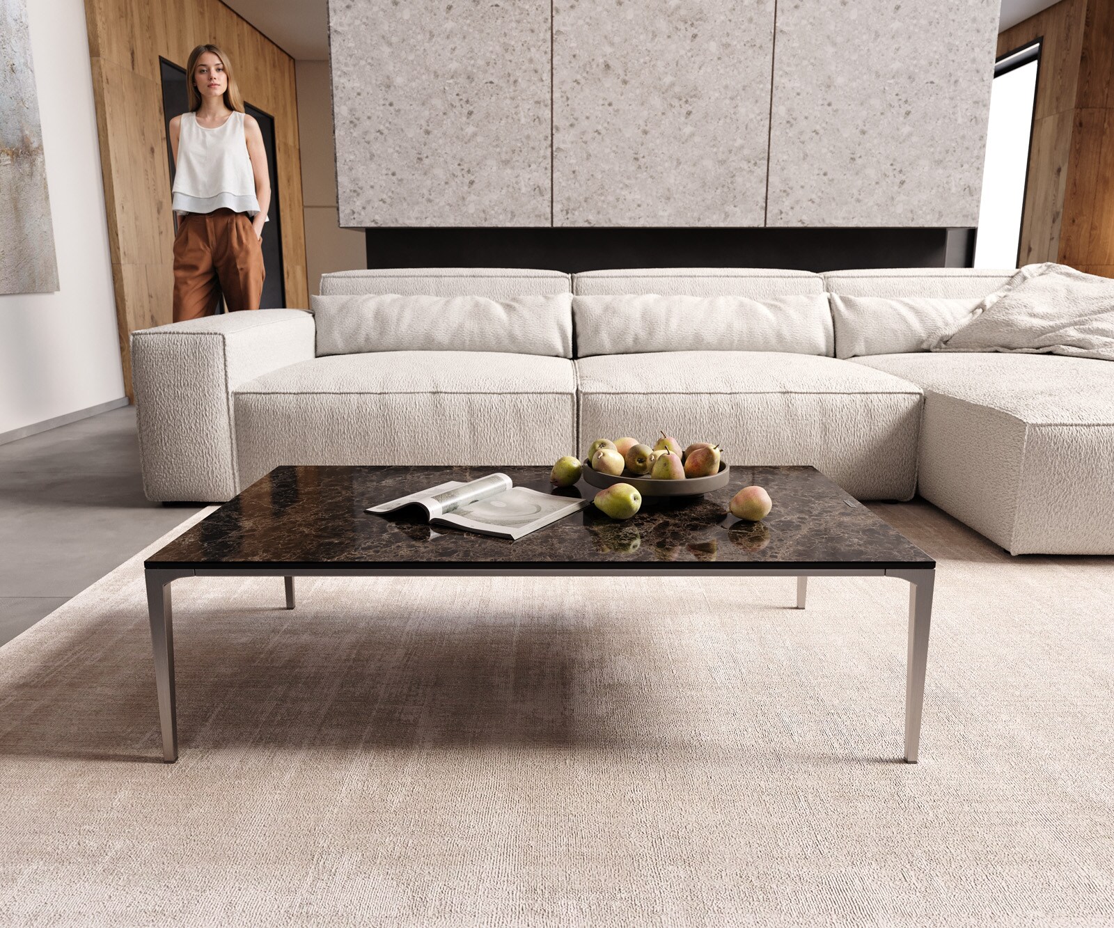Salontafel Levente 110x60 cm Keramiek Emperador Extra Lucidato Donkerbruin Onderstel roestvrij staal zilver 1