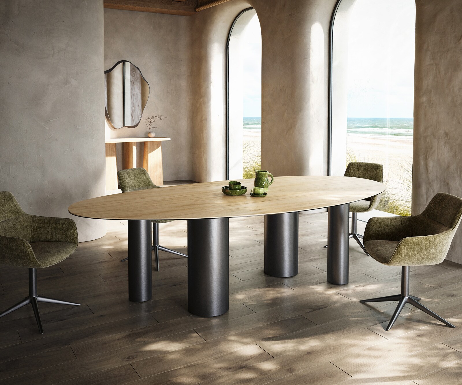 Eetkamertafel Edge ovaal 280x130 keramiek Laminam® Sabbia eiken kleur Pilier roestvrij staal grafiet 1