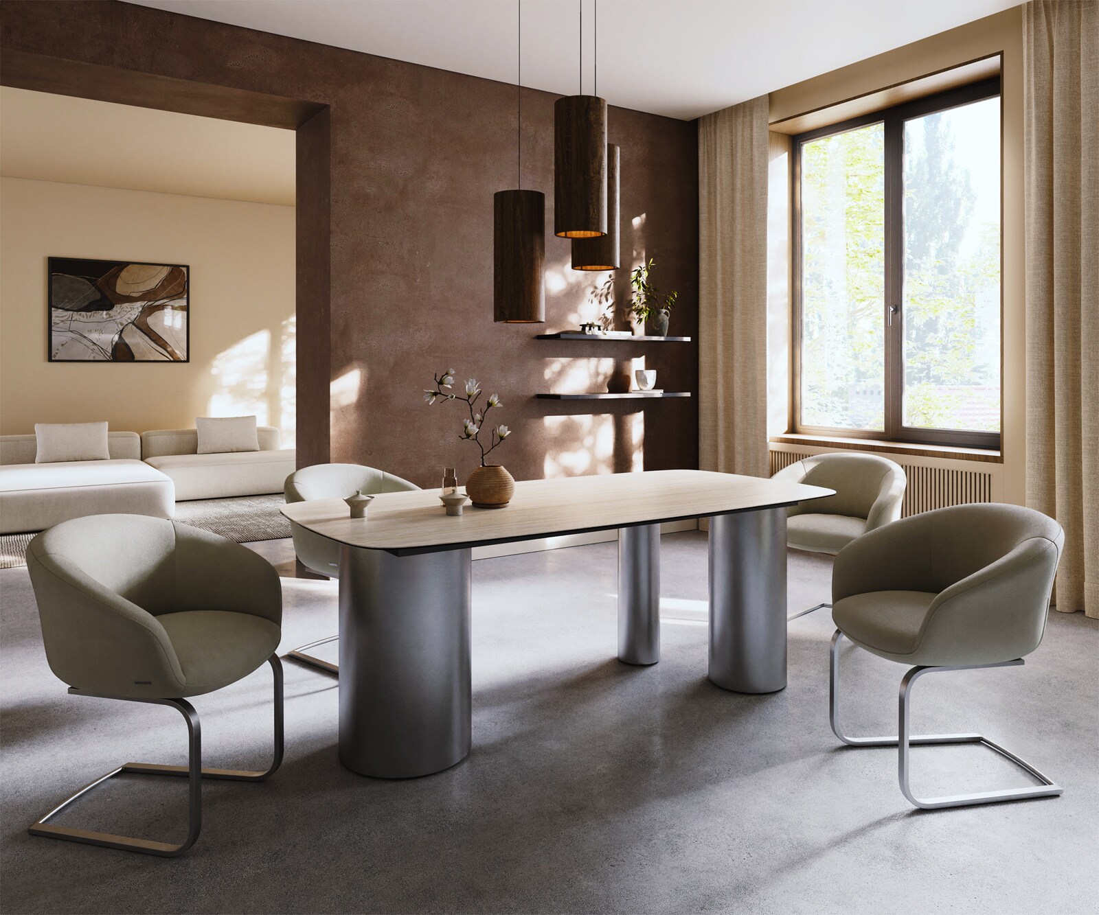 Eettafel Edge Boot 200x100 keramiek  Laminam® Travertino Bianco Creme-wit Troa RVS gebürstet 6