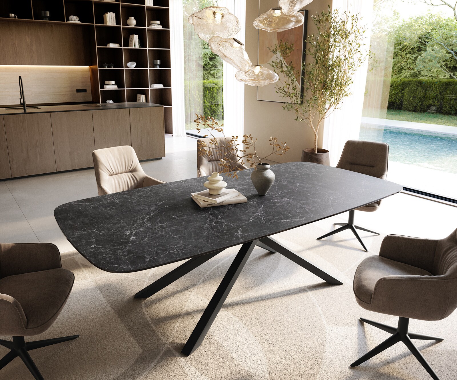 Eettafel Edge Boot 240x120 cm Keramiek Laminam® Nero Greco Anthrazit kruisonderstel Rechthoek Zwart