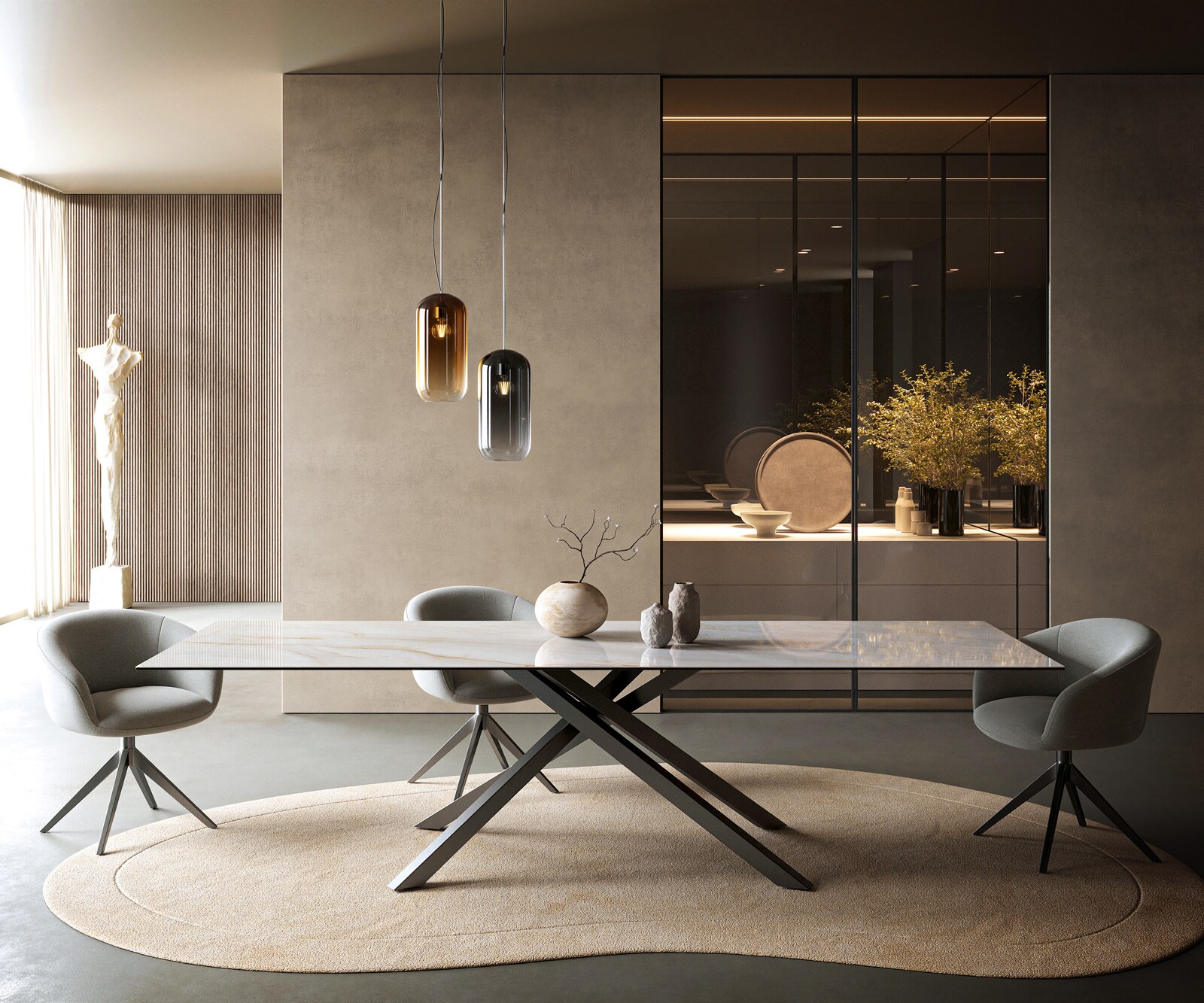 Eettafel Edge 300x100 cm keramiek Onyx Pearl kruisframe rechthoekig roestvrij staal grafiet 1