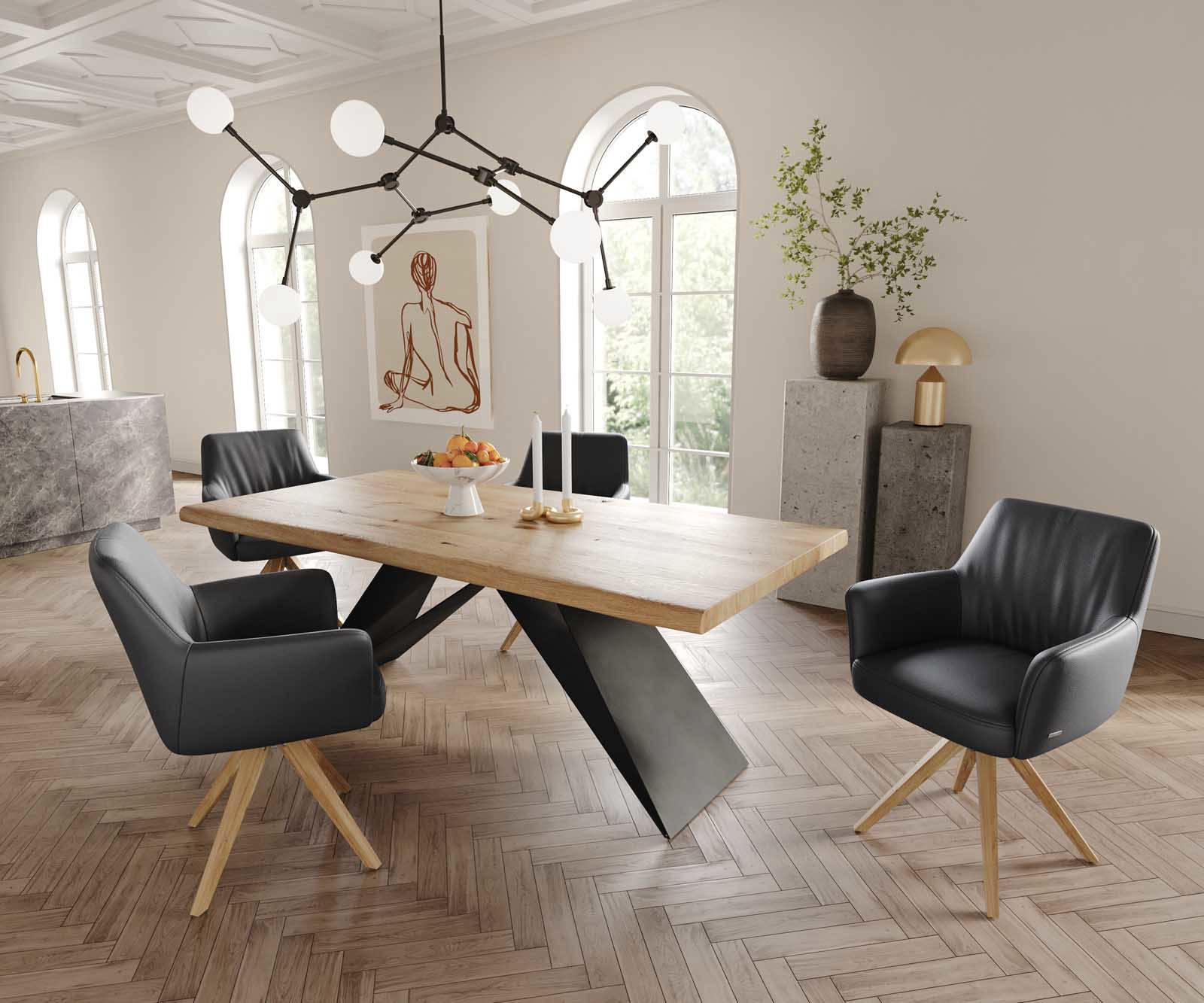 Draaistoel Xana-Flex met armleuning echt leer zwart houten frame hoekig natuur 180° draaibaar pocketveer kern 4