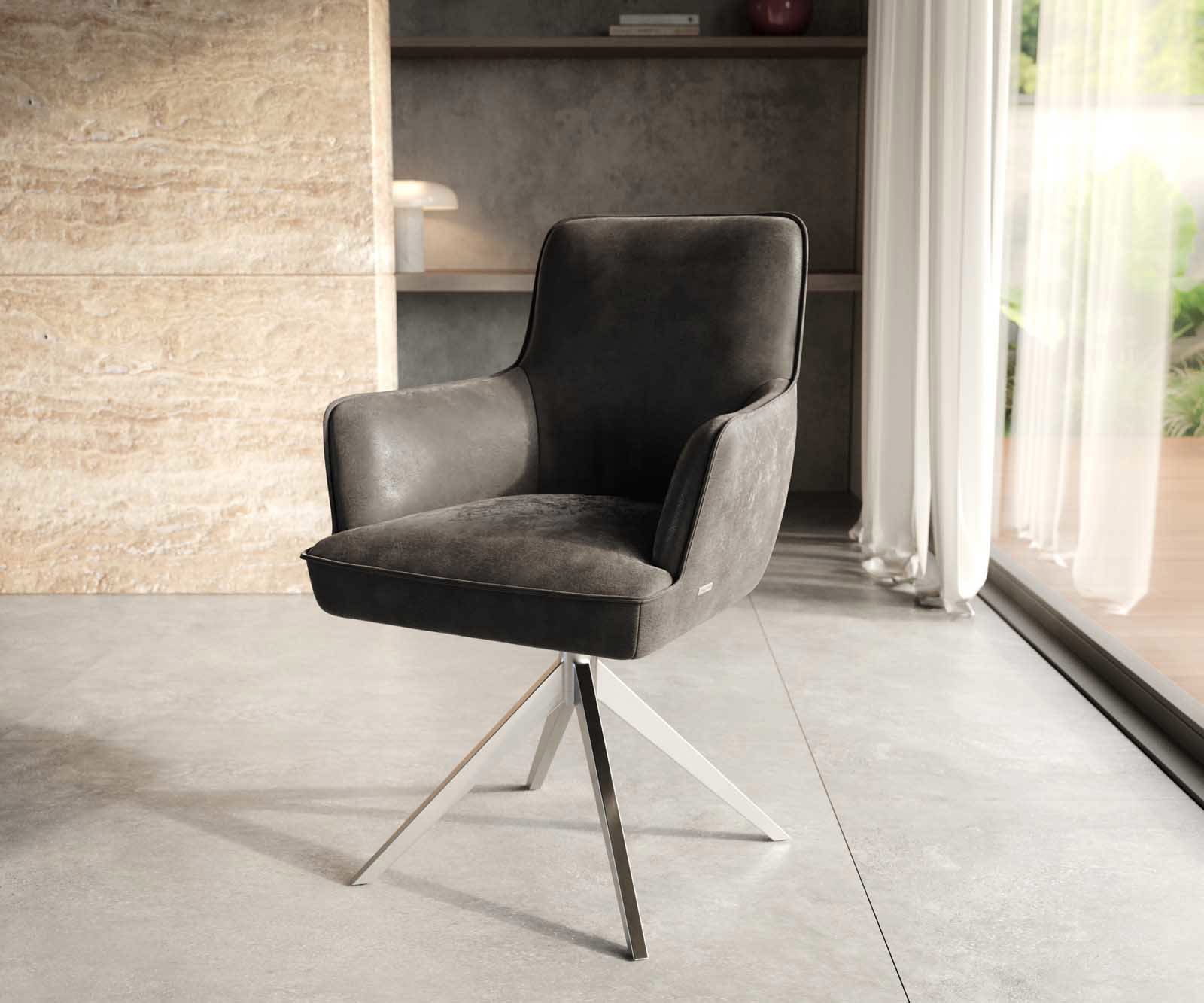 Draaistoel Heira-Flex met armleuning microvelours antraciet vintage kruisframe breed roestvrij staal 360° draaibaar pocketveer kern
