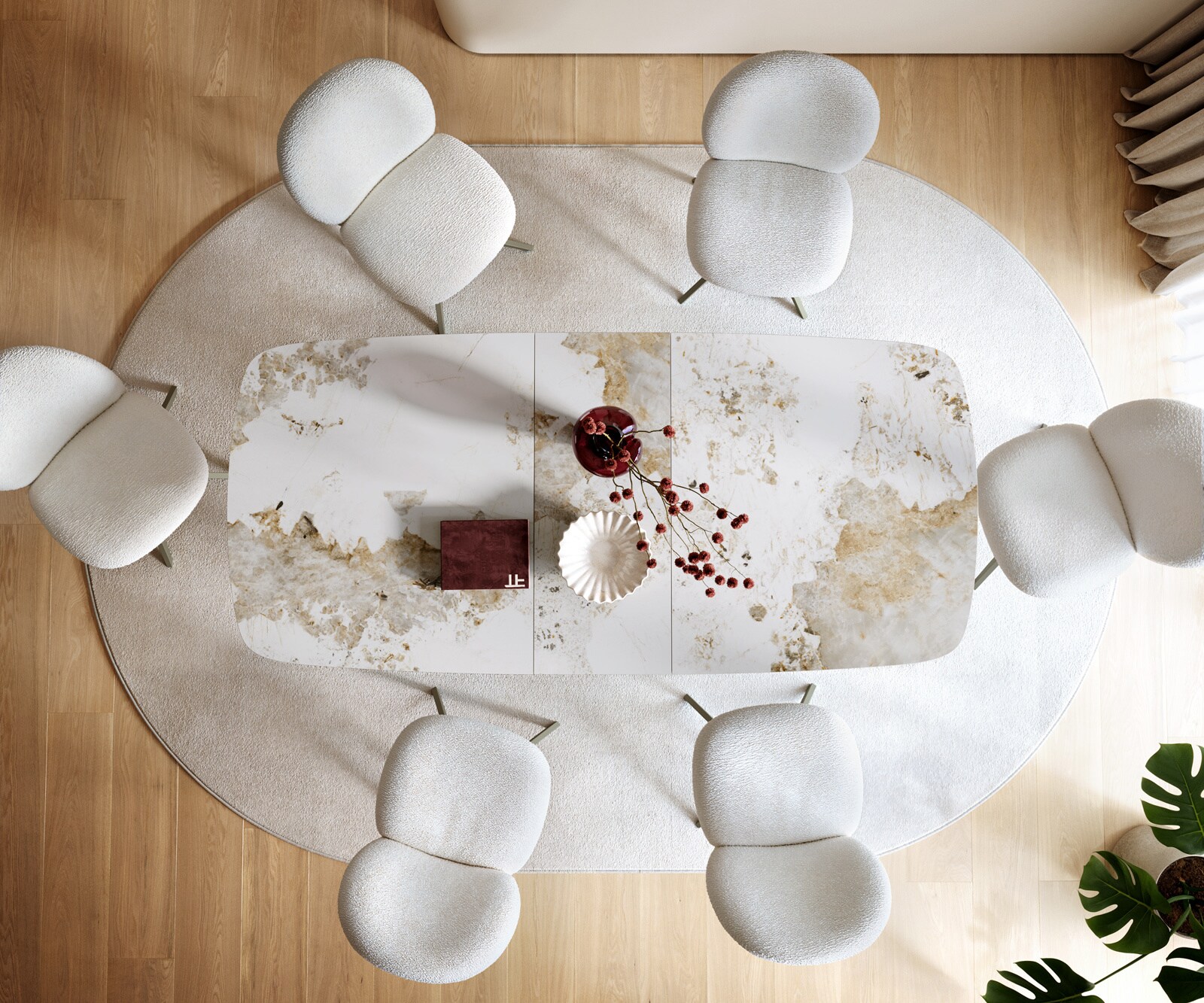 Eettafel Edge Boot 180-220x100 cm Keramiek Minas Melange Wit-Beige Spider Metaal Effectafwerking Titan uitschuifbaar 7