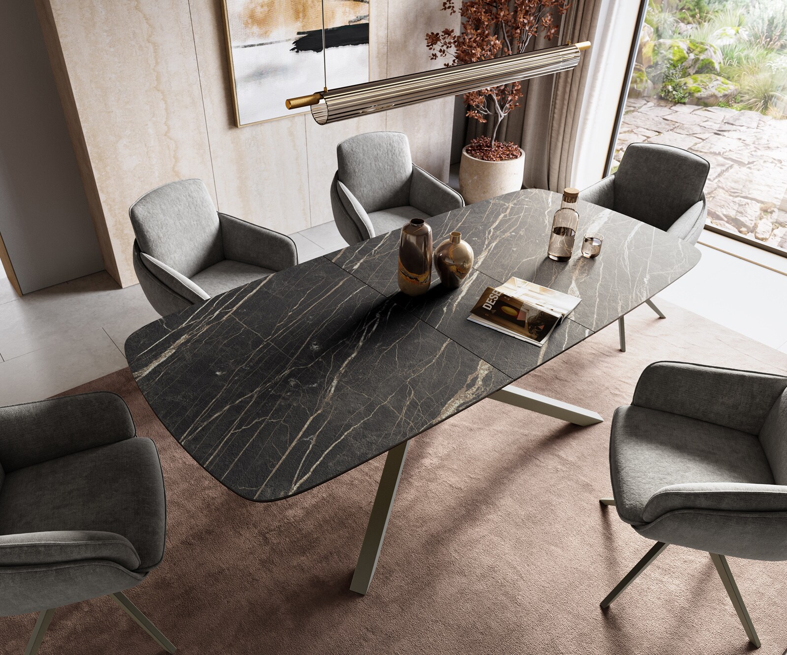 Eettafel Edge Boot 180-220x100 cm Laminam® Keramiek Noir Desir Braun kruisonderstel Rechthoek Effectafwerking Titan uitschuifbaar 4