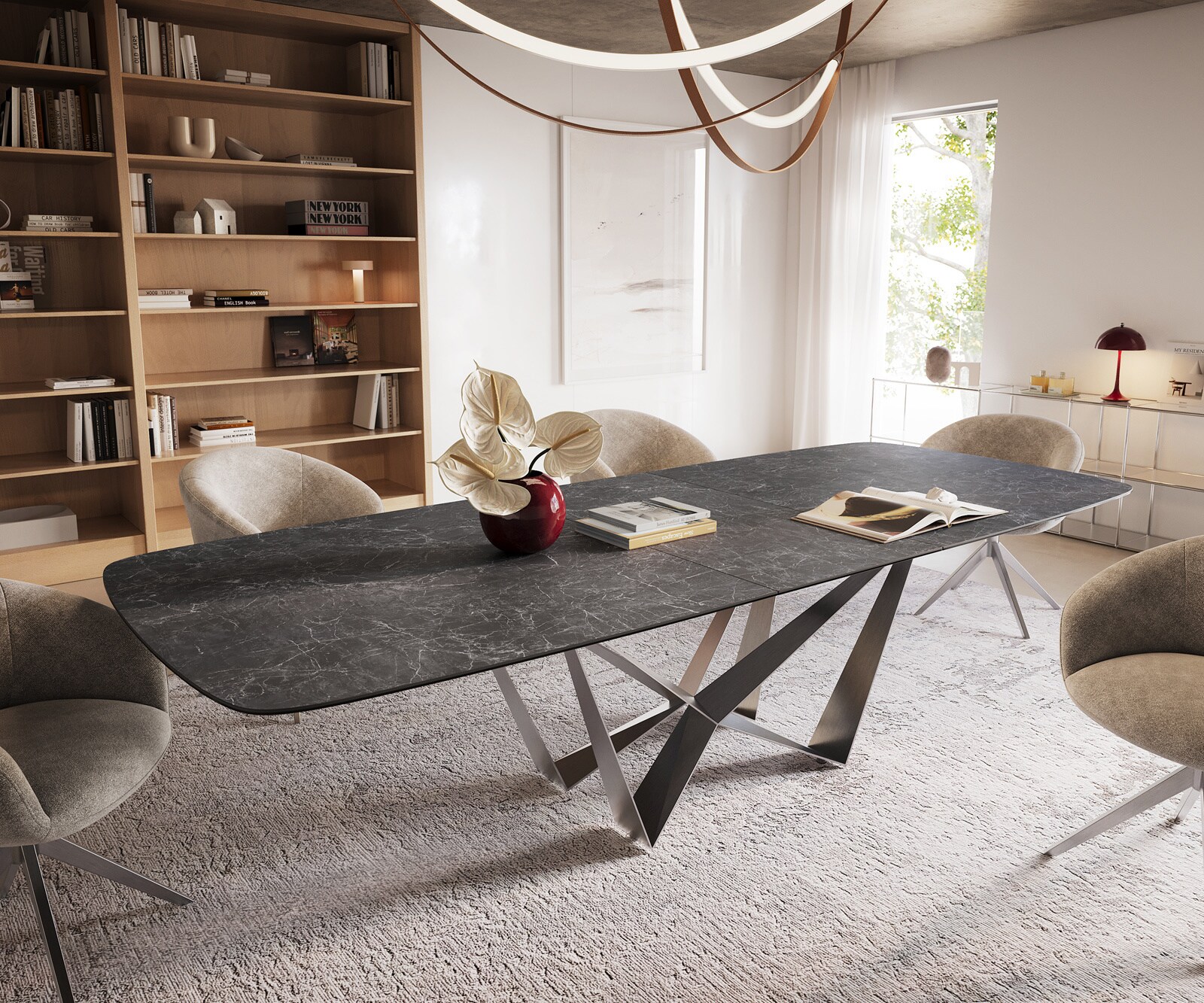 Eettafel Edge Boot 240-300x120 cm Keramiek Laminam® Nero Greco Anthrazit Spider Flachstahl Roestvrij staal uitschuifbaar 1