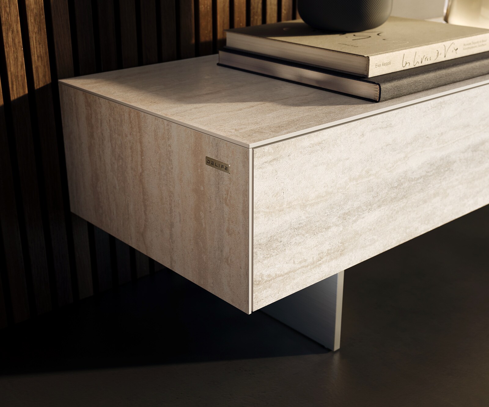 Tv-meubel Cuor 250 cm Keramiek Laminam® Travertino Bianco Crème-wit 1 Flap 1 Lade Zwevende voet look Roestvrij staal 6