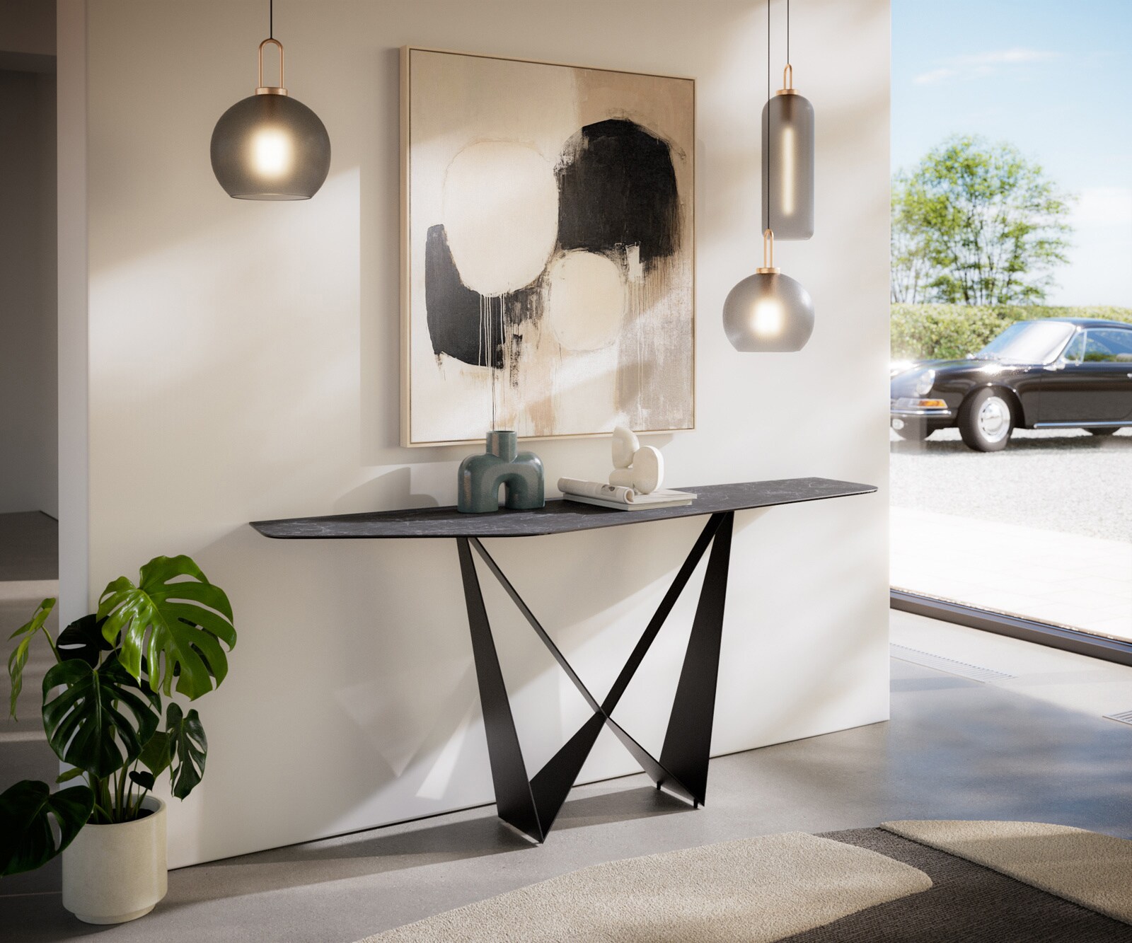 Consoletafel Edge Polygonaal 180x50 cm Keramiek Laminam® Nero Greco Anthrazit Spios Metaal Zwart 7