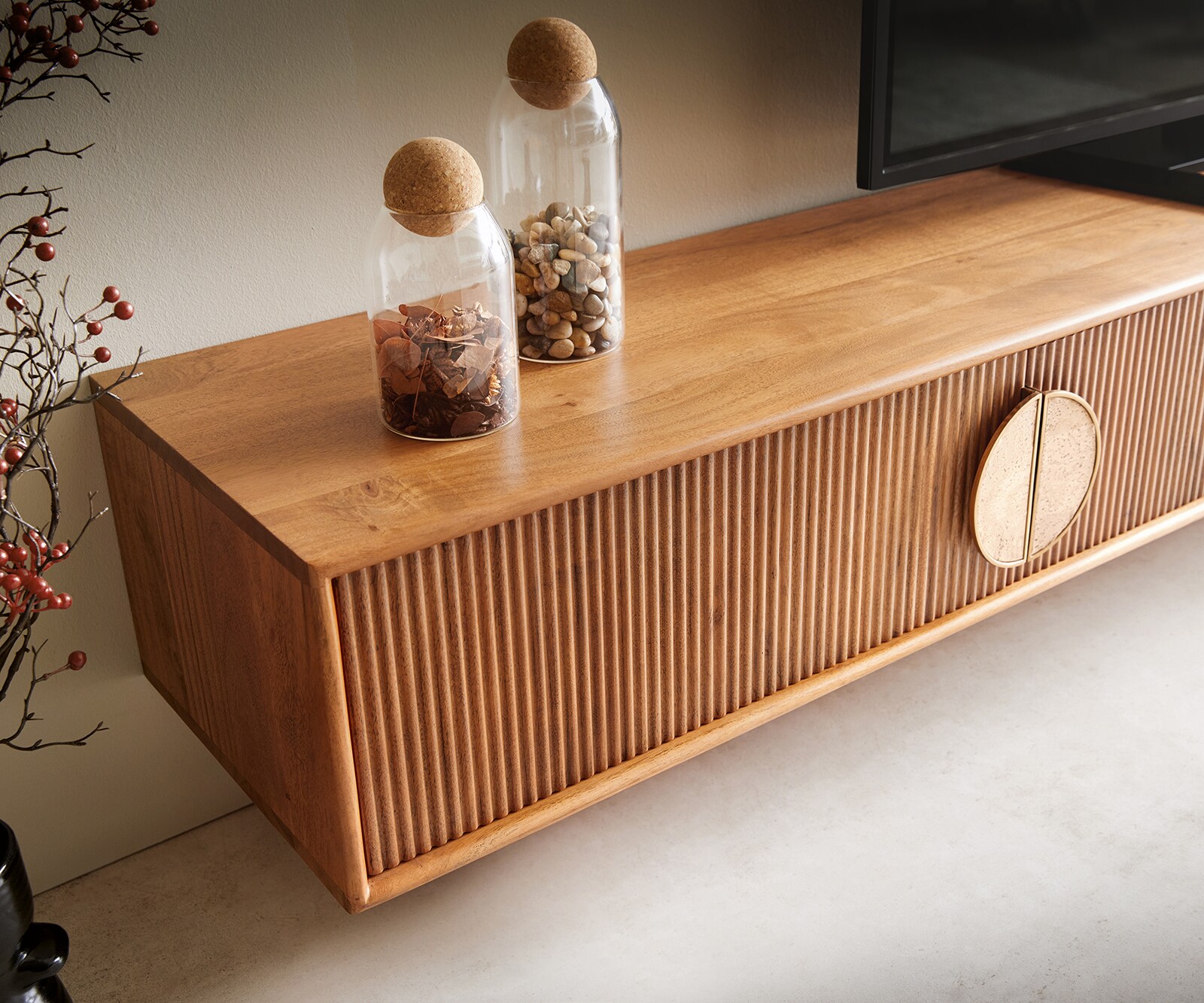 Tv-meubel Surimu 240 cm acacia lichtbruin 4 deuren kurk greep zwevend 5
