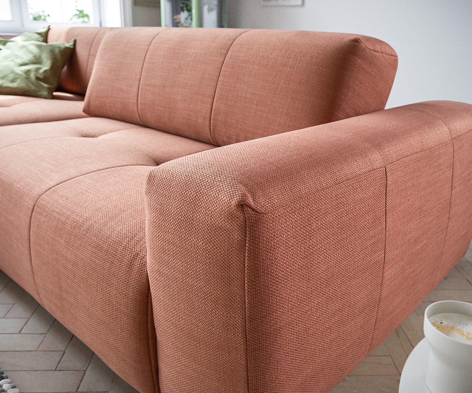 Hoekbank Lazaro 300x160 cm geweven oranje voetenbank links met zitdiepteverstelling 5