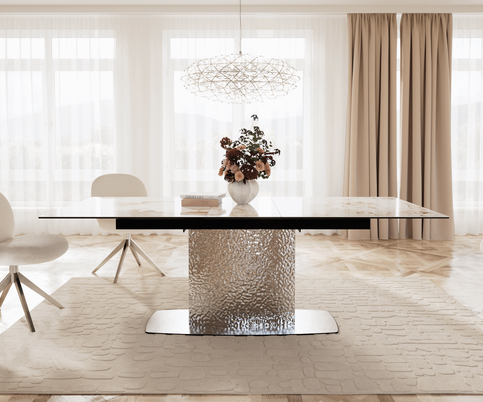 Eetkamertafel Edge 180-220x100 keramiek Minas Melange wit-beige Wave RVS uitschuifbaar 1