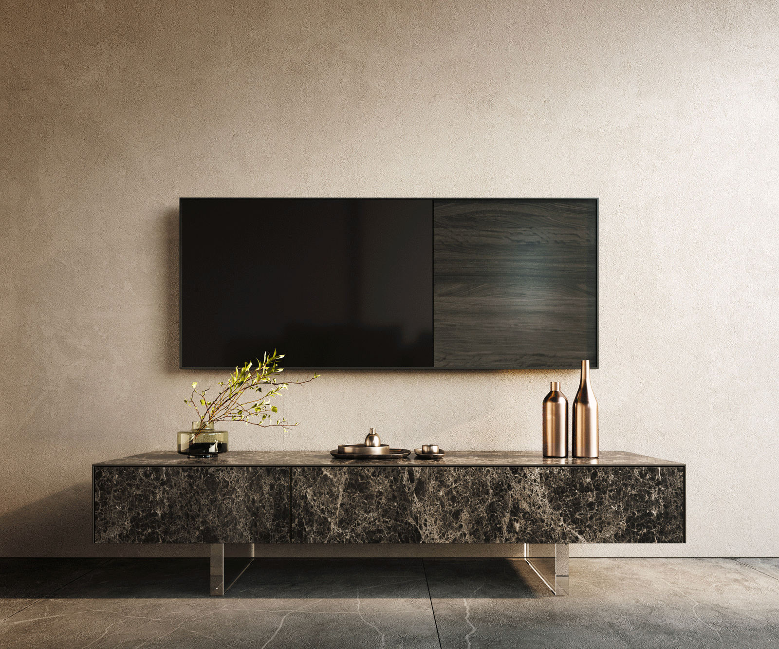 Tv-meubel Cuor 150 cm Keramiek Laminam® Emperador Extra Lucidato Donkerbruin 1 Flap 1 Lade Zwevende voet look Acrylglas 1