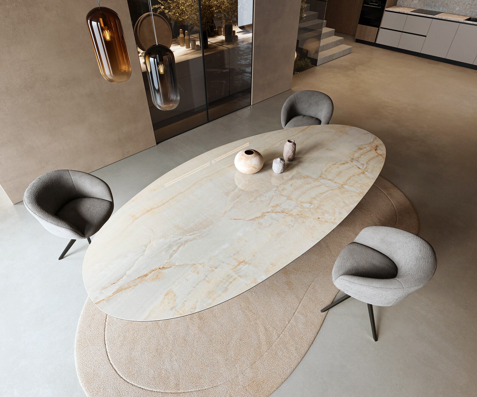 Eetkamertafel Edge Oval 315x150 cm Keramiek Iris FMG Onice Oro W-onderstel Metaal Zwart 4