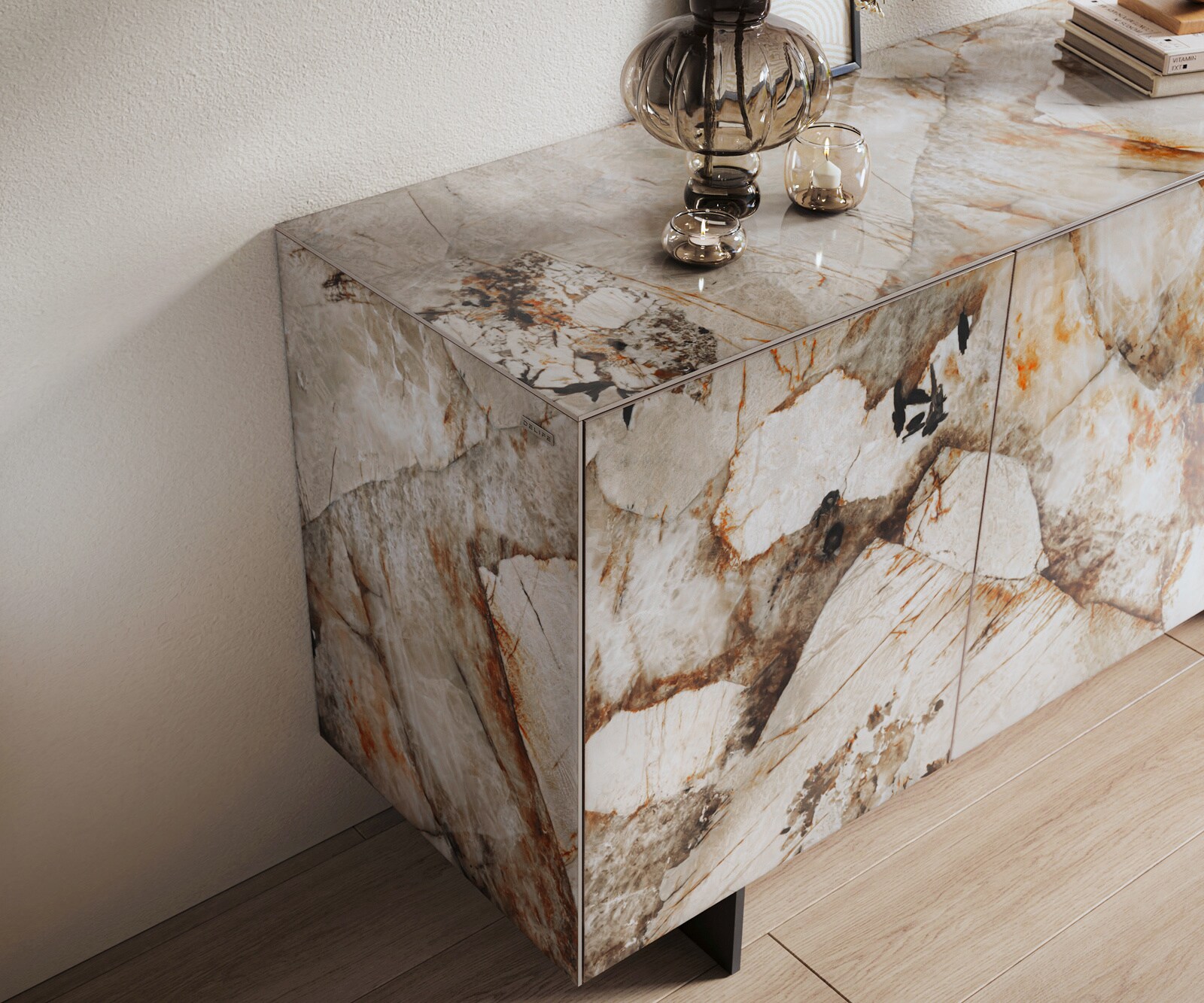 Dressoir Cuor 150 cm Keramiek Patagonia gepolijst 3 Deuren Zwevende voet look Metaal Zwart 5