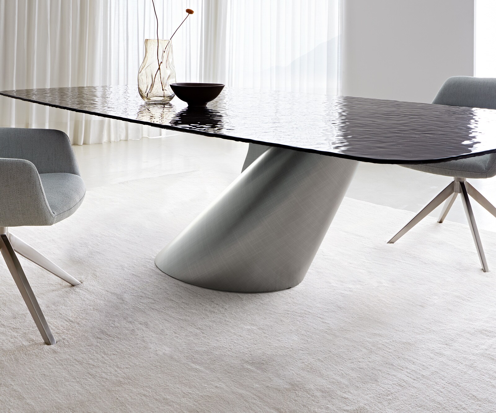 Eettafel Edge Boot 240x120 Reliefglas zwart 3D-Design Cono metaal zilver 3