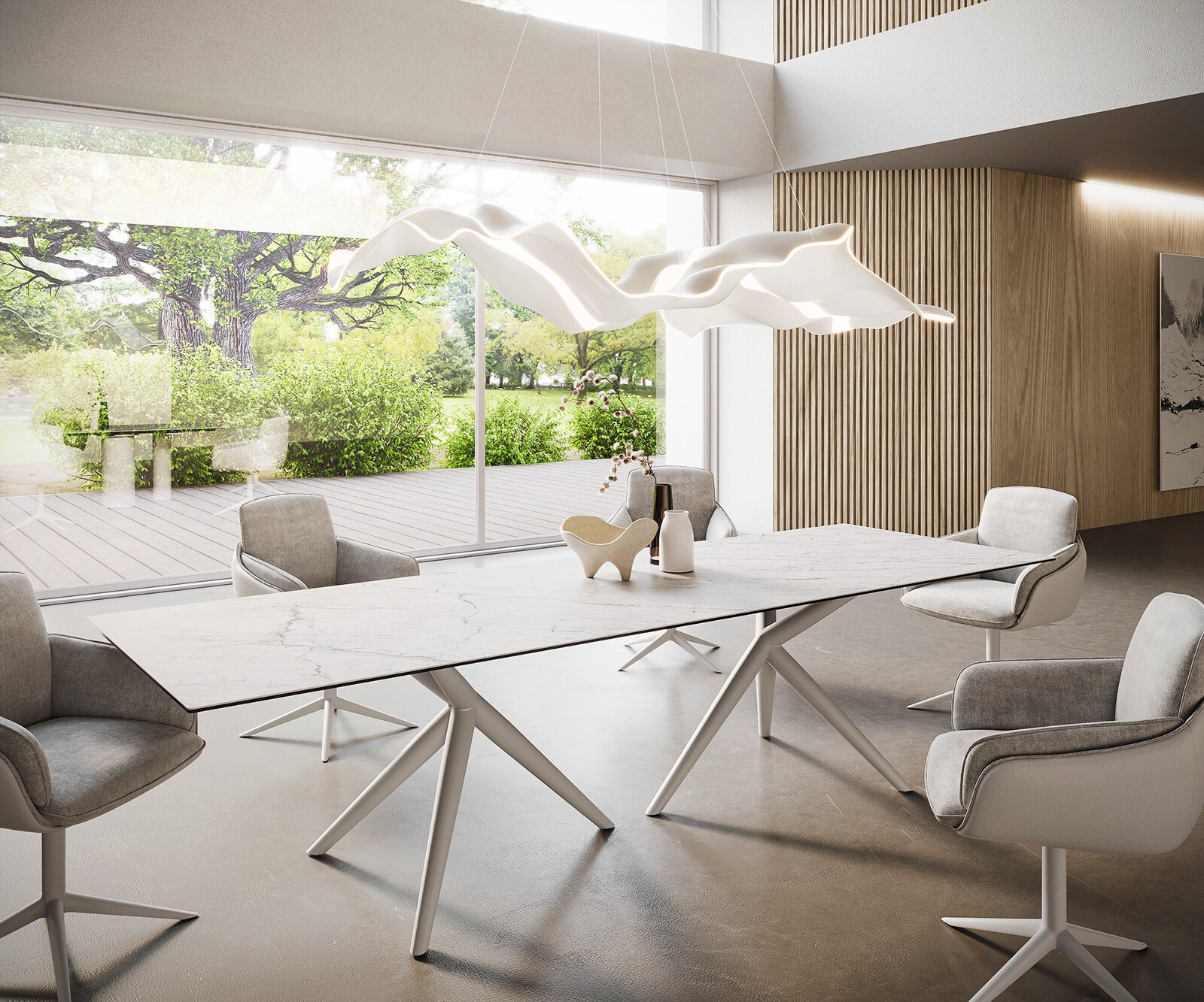 Eetkamertafel Edge 300x100 keramiek Laminam®Statuarietto wit Estelar rond  metaal wit