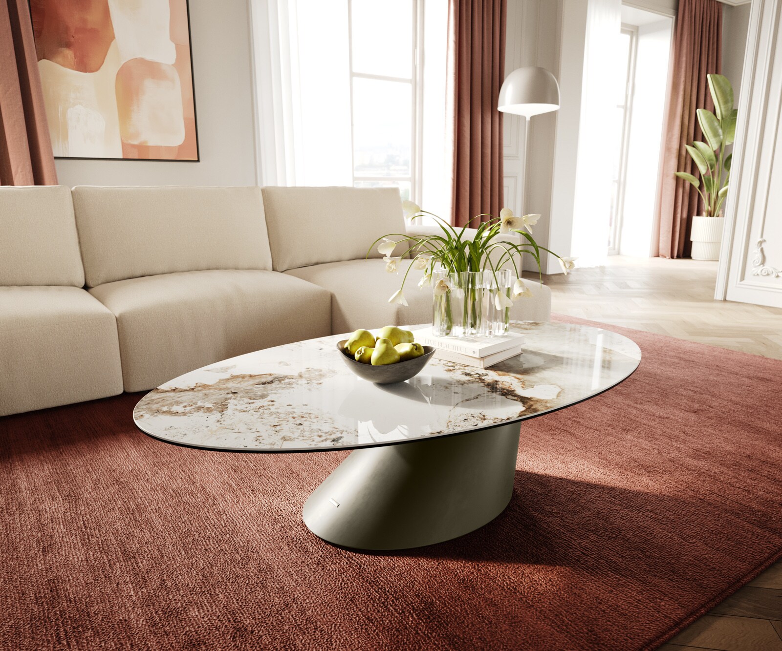 Salontafel Edge Oval 140x80 cm keramiek Minas Melange Conis Metall effectafwerking titaan