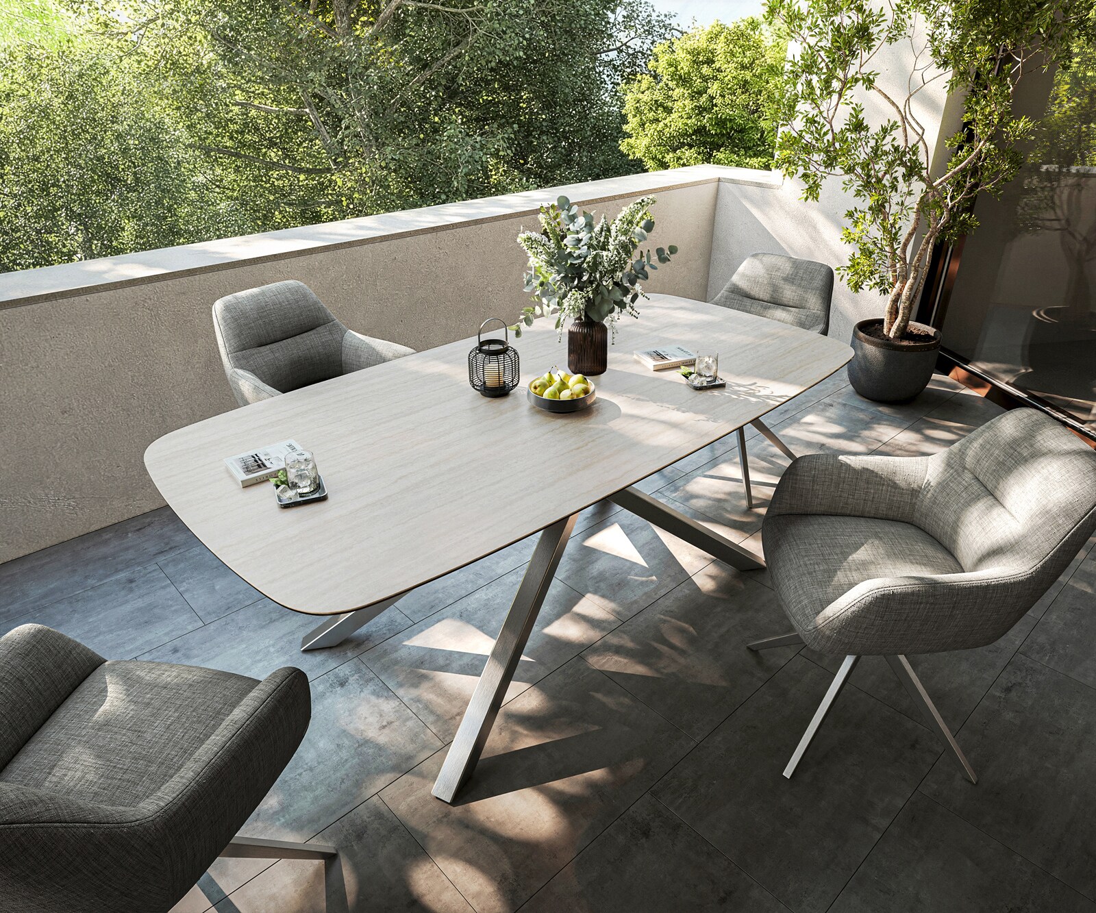 Outdoortafel Edge Boot 200x100 cm keramiek Laminam® Travertino Bianco crème-wit kruispoot rechthoekig roestvrij staal 3
