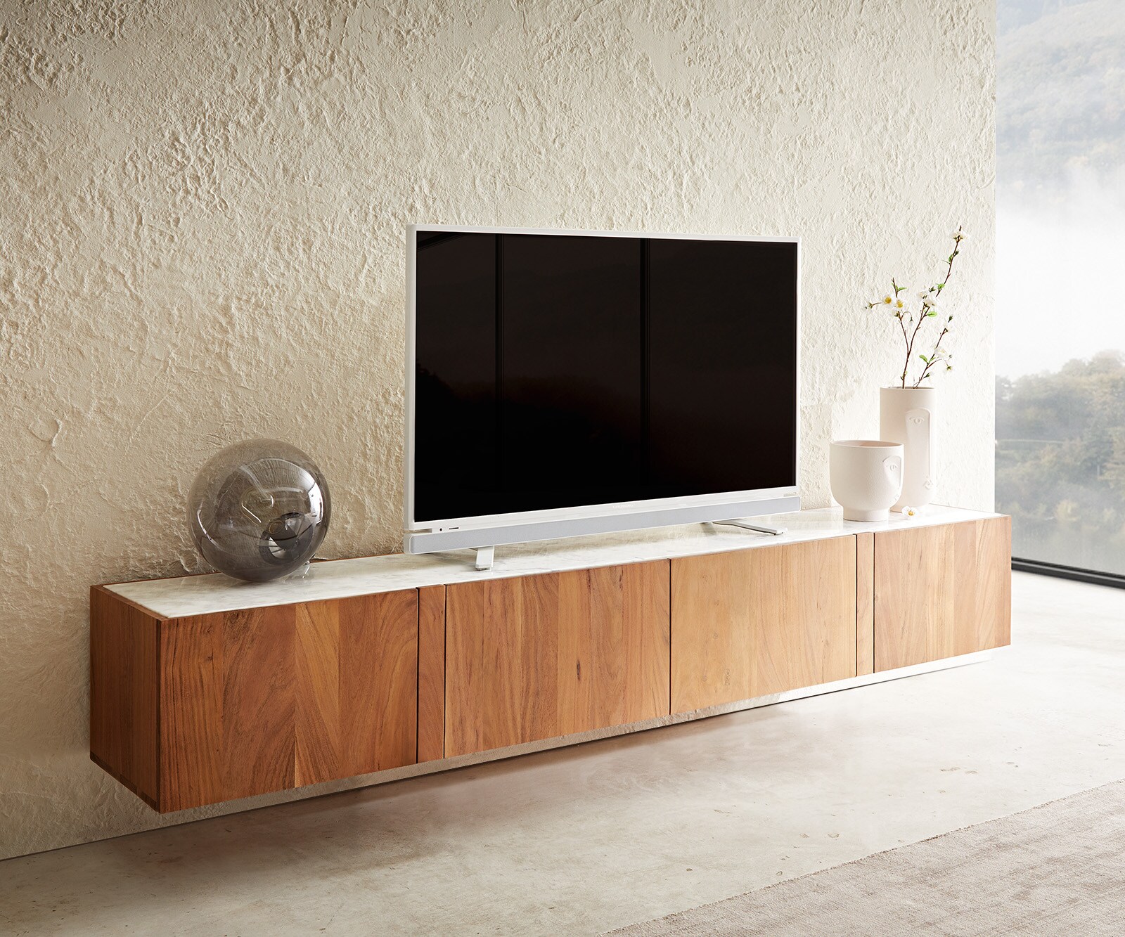 TV-meubel Secara 200 cm acacia natuur 4 deuren zwevend marmer