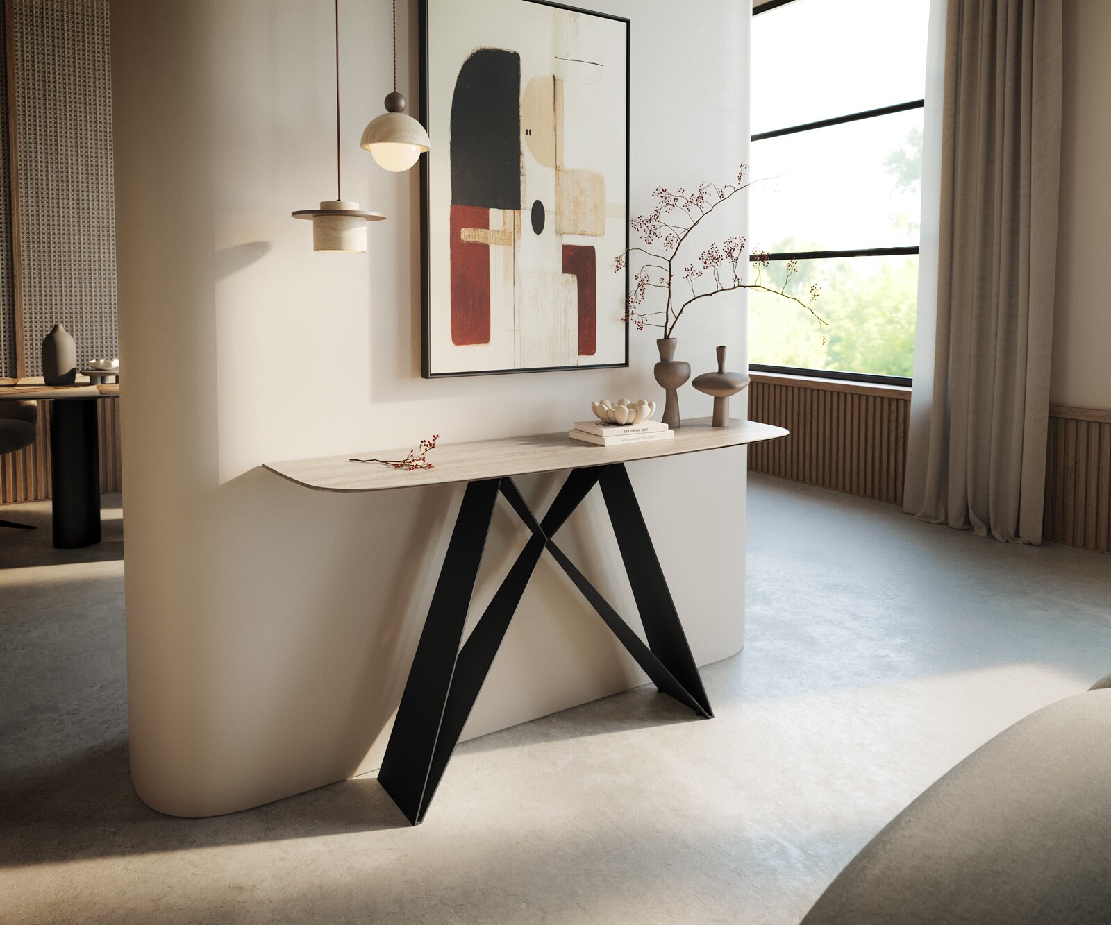 Consoletafel Edge Bootvorm 140x40 cm Keramiek Laminam® Travertino Bianco Creme-Weiß Velio Metaal Zwart 1