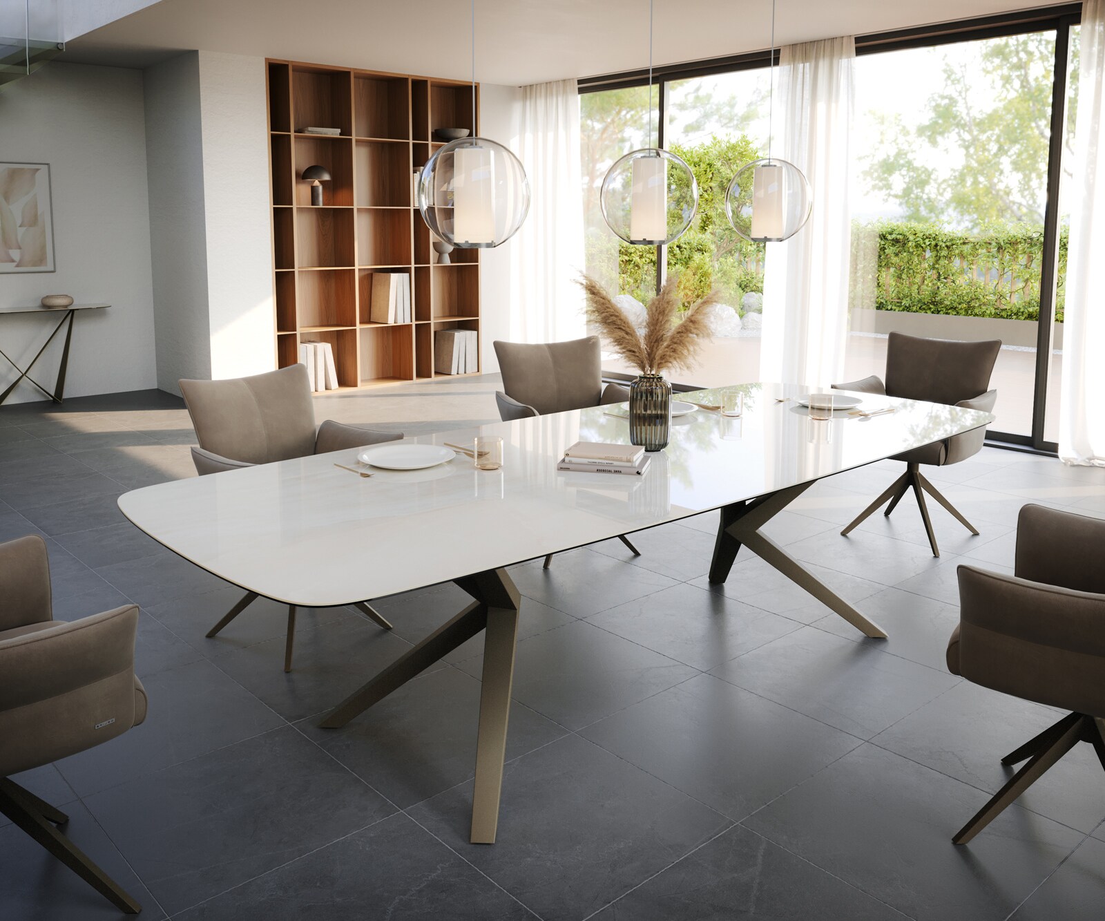 Eettafel Edge Boot 300x120 cm Keramiek Onyx Champagne Zenthara Metaal Effectafwerking Titan 1