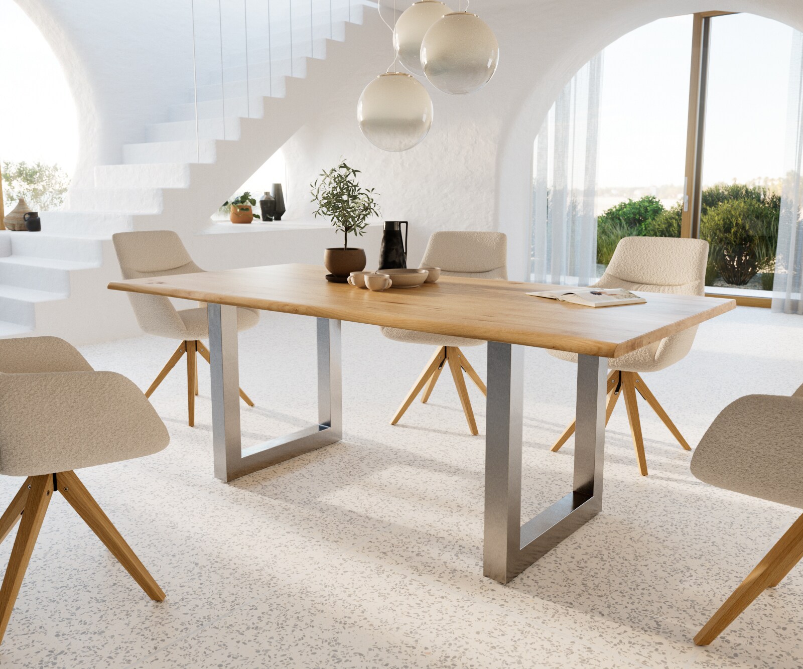 Eettafel Edge 200x100x2,5-3 eiken natuur roestvrijstaal breed Live-Edge