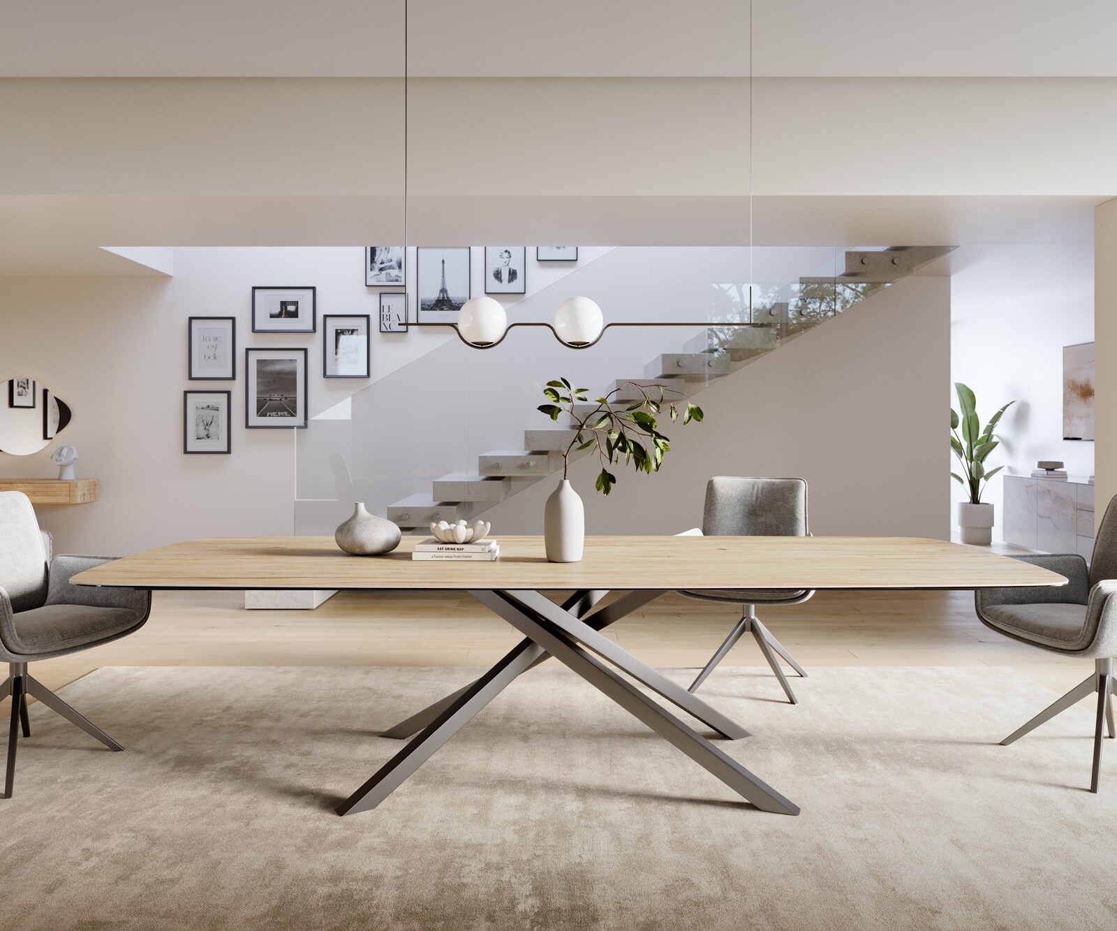 Eettafel Edge Boot 300x120 cm Keramiek Laminam® Sabbia Eichefarbig kruisonderstel Rechthoek Roestvrij staal Grafiet 2