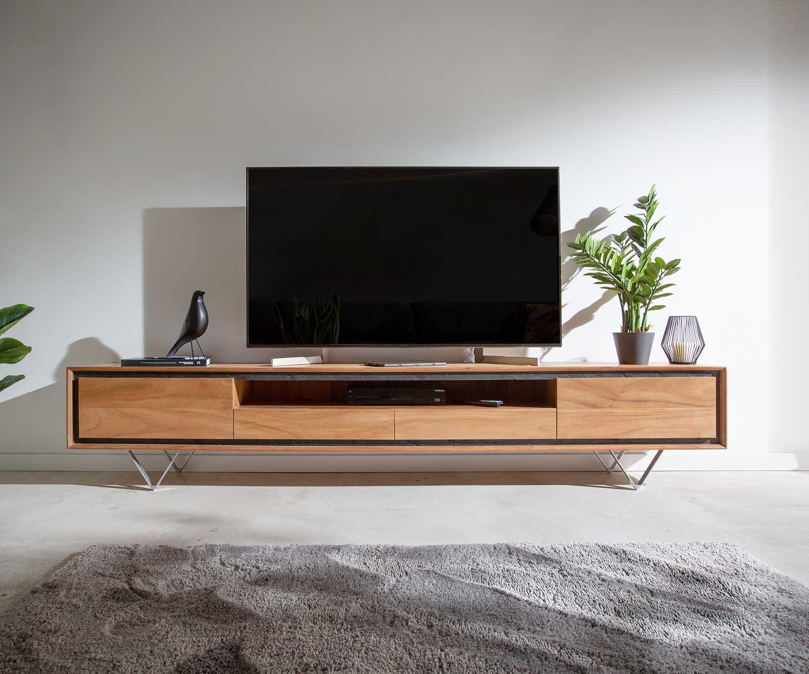 Tv-meubel Stonegrace 240 cm acacia natuur 2 deuren 1 legplank 2 laden steenfineer V-poot 1