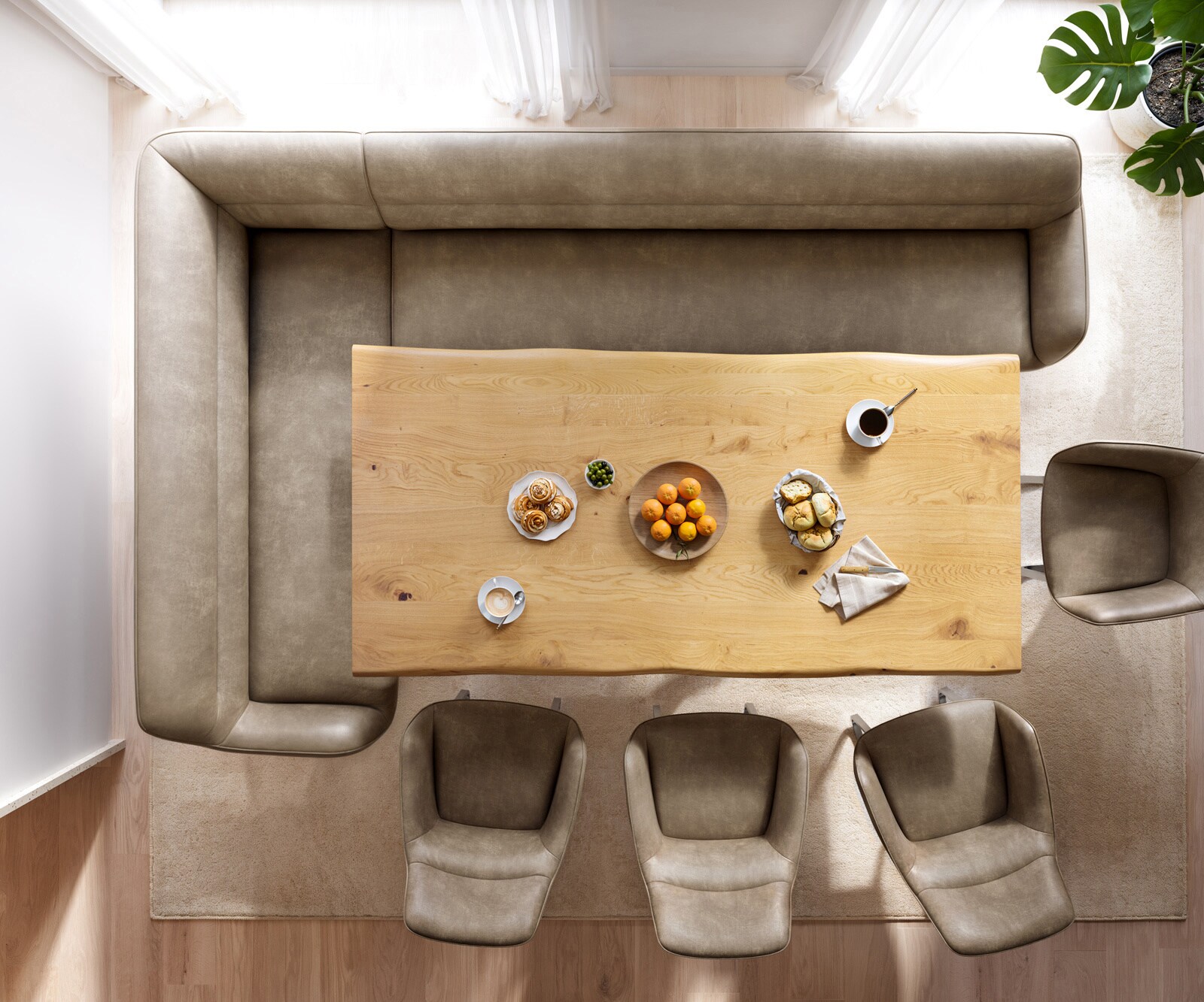 Eetkamerbank Taya-Flex 285x190 cm microvelours beige vintage hoekig kruisframe zwart pocketvering rechts 5