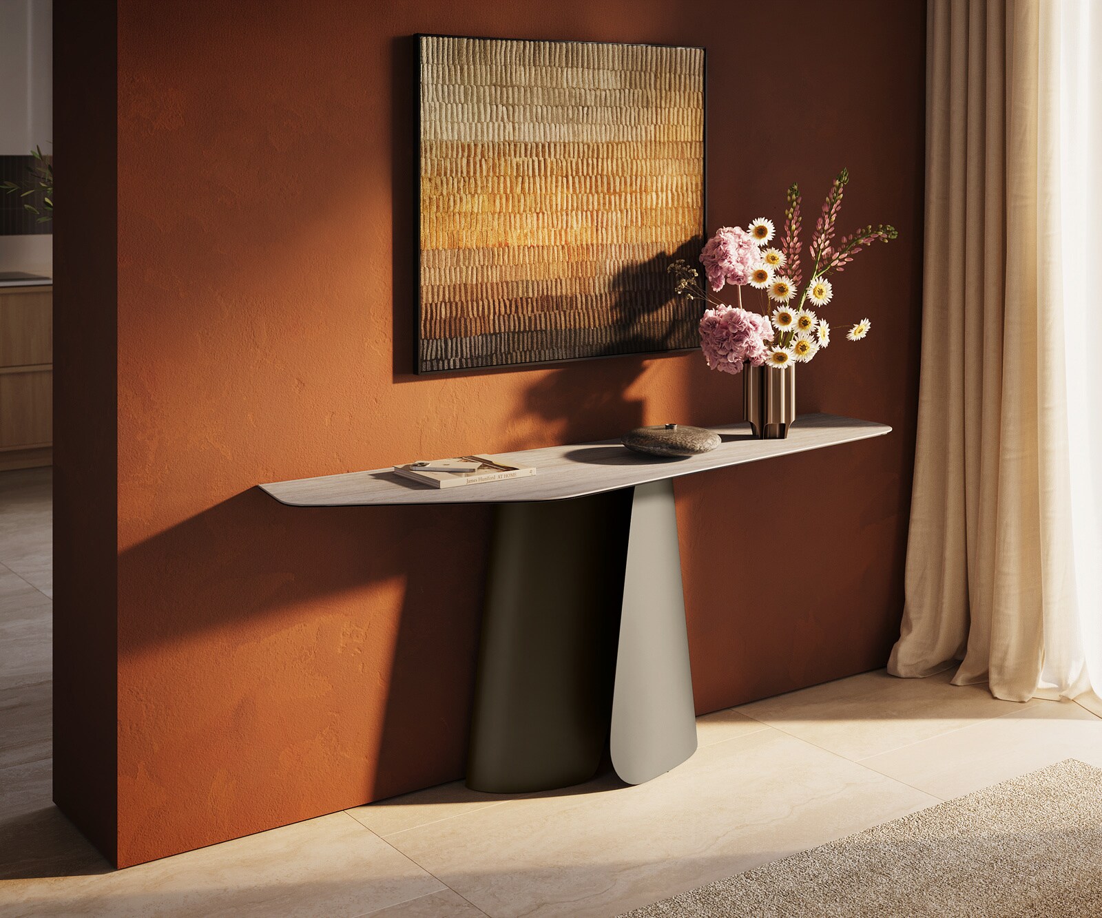 Consoletafel Edge Polygonaal 180x50 cm Keramiek Laminam® Travertino Bianco Creme-Weiß Livos Metaal Effektfinish Titan 1