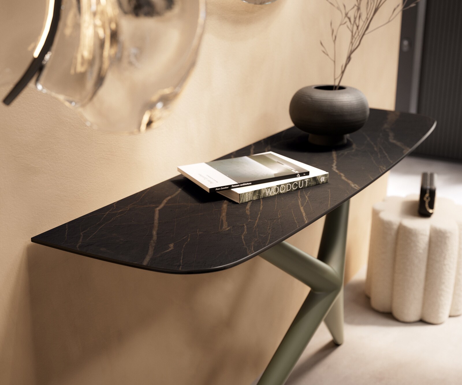 Consoletafel Edge Bootvorm 140x40 cm Keramiek Laminam® Noir Desir Braun Estelo Metaal Effektfinish Titan 6