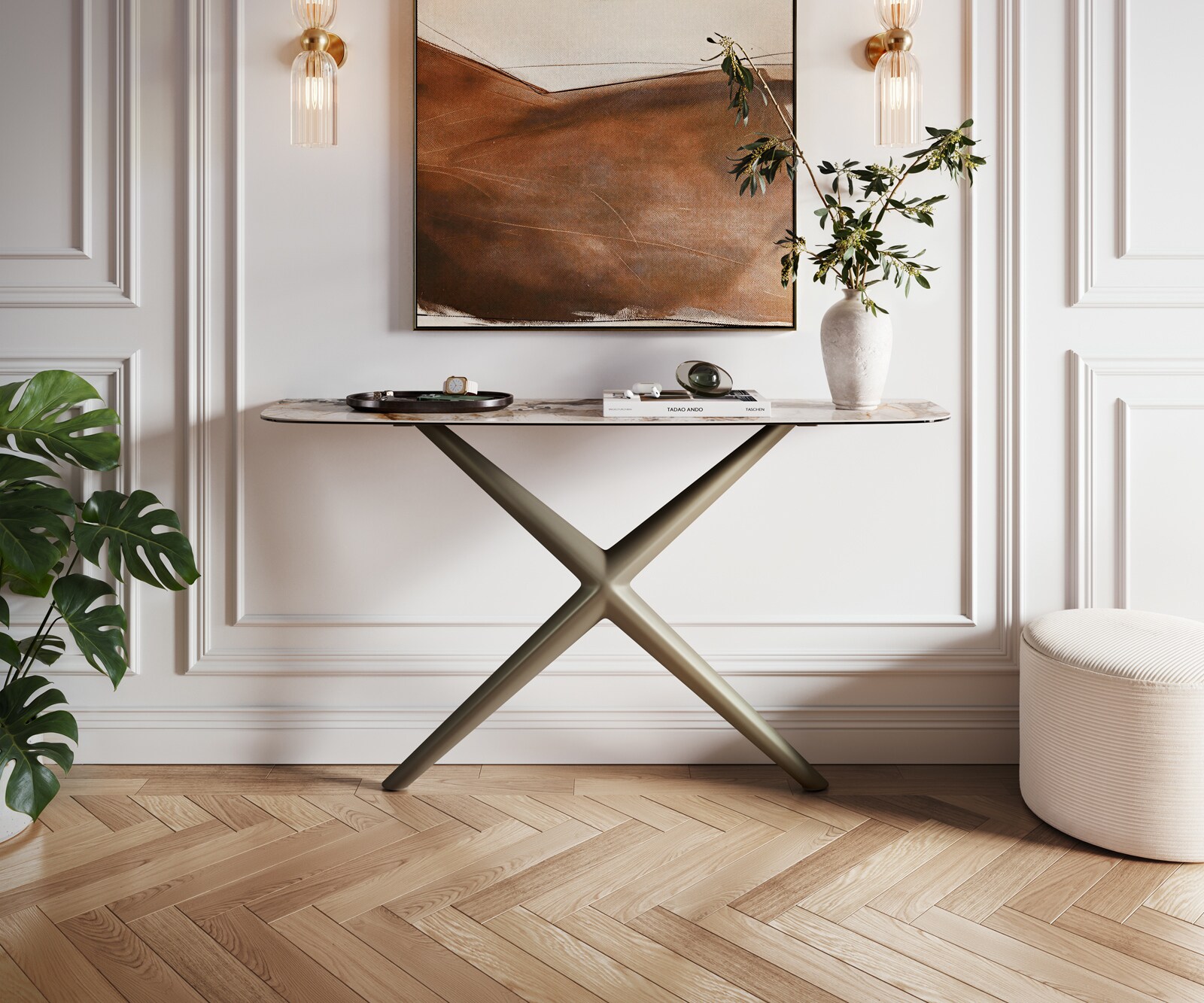 Consoletafel Edge Bootvorm 140x40 cm Keramiek Patagonia Poliert Estelo Metaal Effektfinish Titan 1